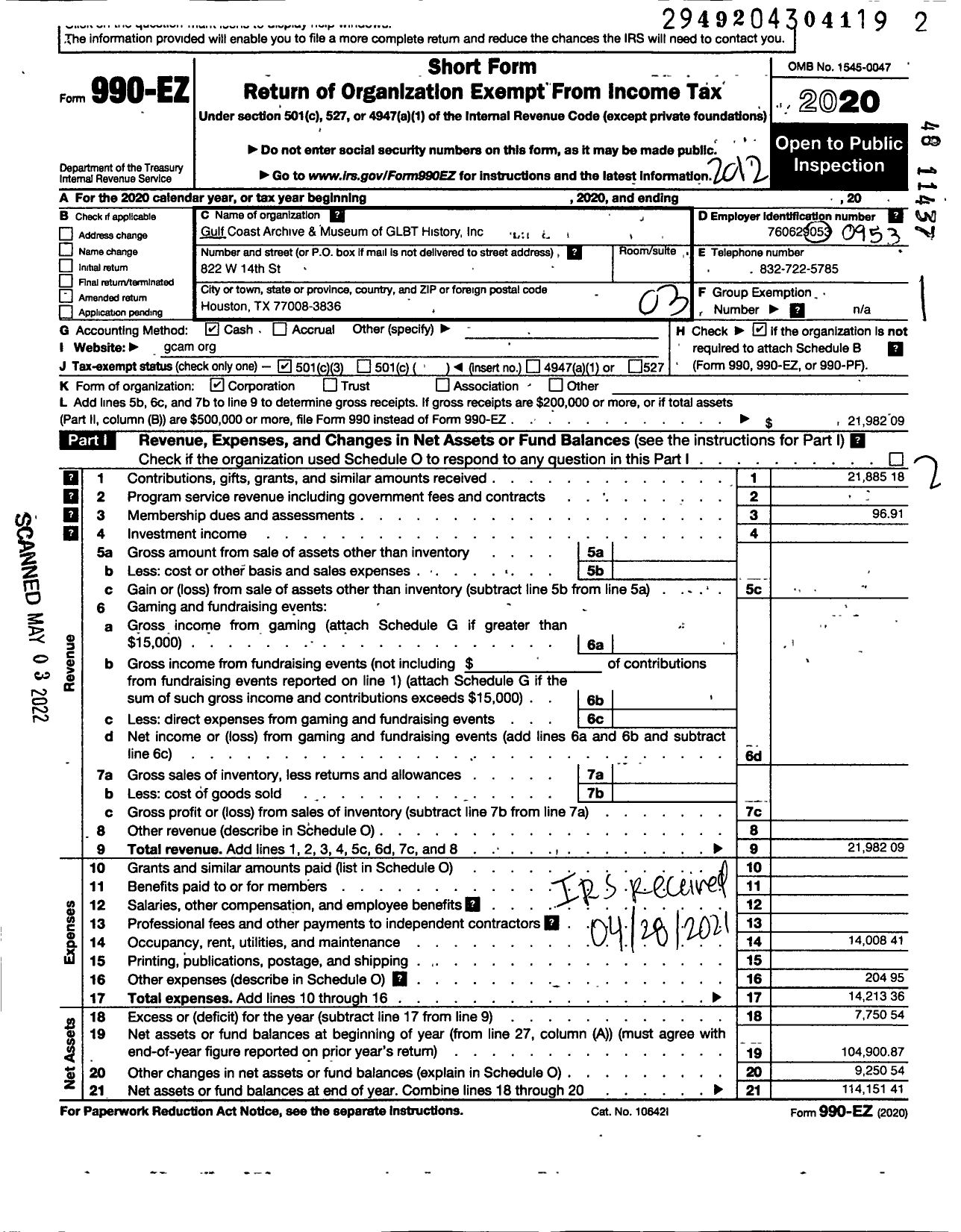 Image of first page of 2020 Form 990EZ for Gulf Coast Archives and Museum of G L B T History