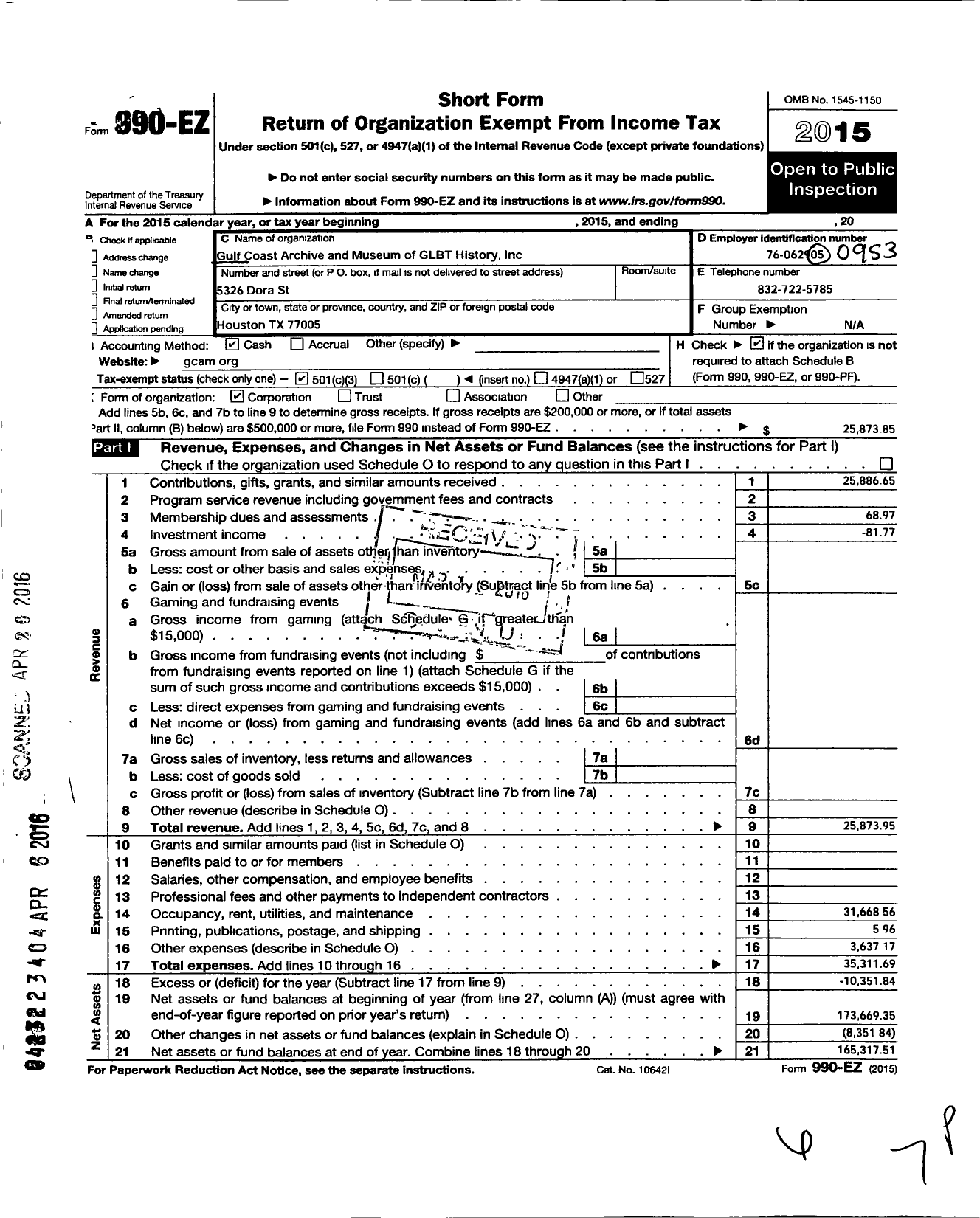 Image of first page of 2015 Form 990EZ for Gulf Coast Archives and Museum of G L B T History