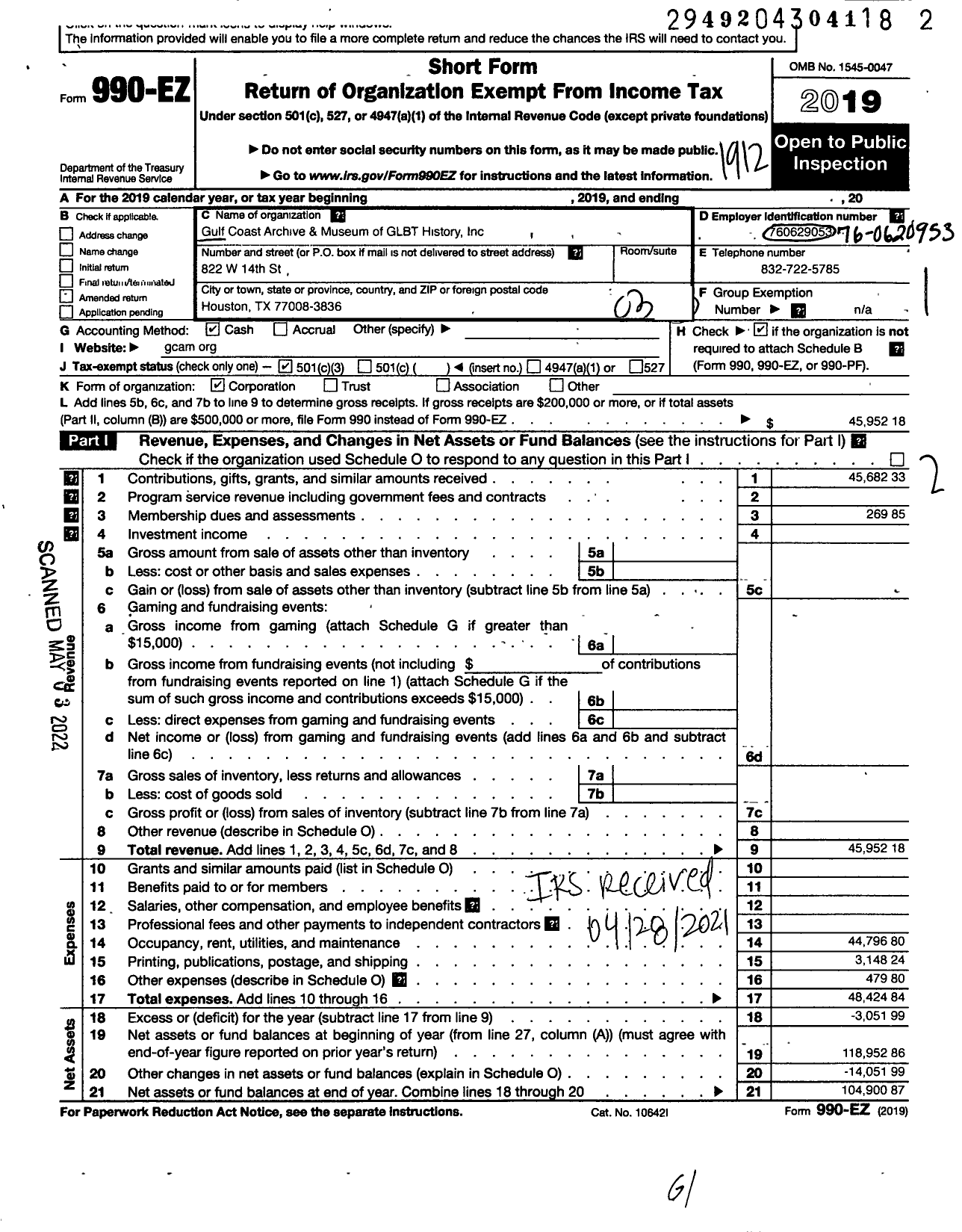 Image of first page of 2019 Form 990EZ for Gulf Coast Archives and Museum of G L B T History