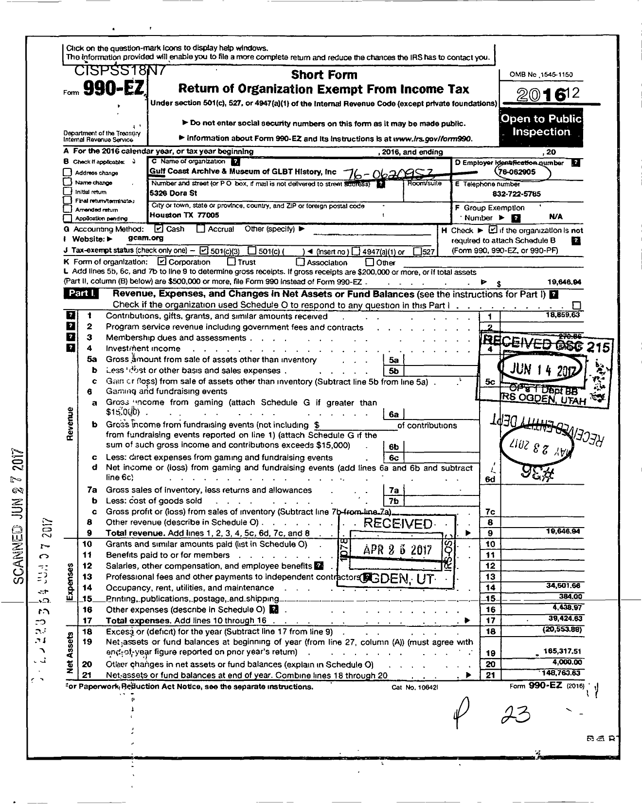 Image of first page of 2016 Form 990EZ for Gulf Coast Archives and Museum of G L B T History