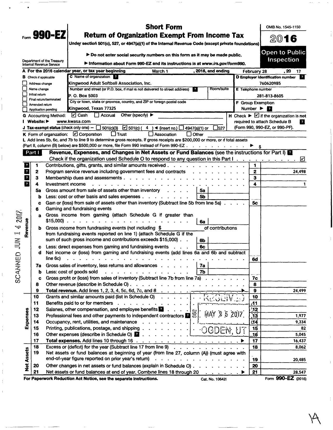 Image of first page of 2016 Form 990EO for Kingwood Adult Softball Association