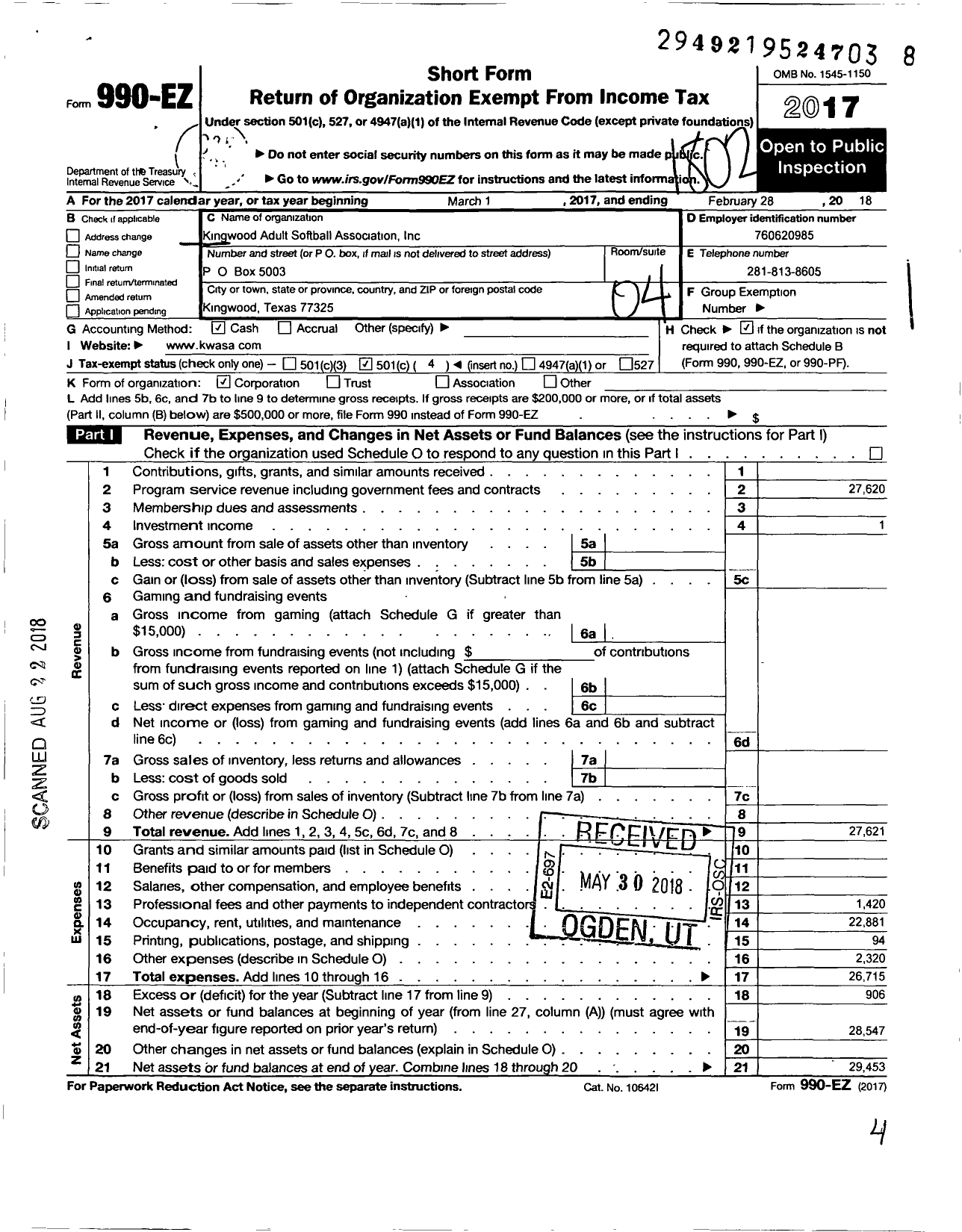 Image of first page of 2017 Form 990EO for Kingwood Adult Softball Association