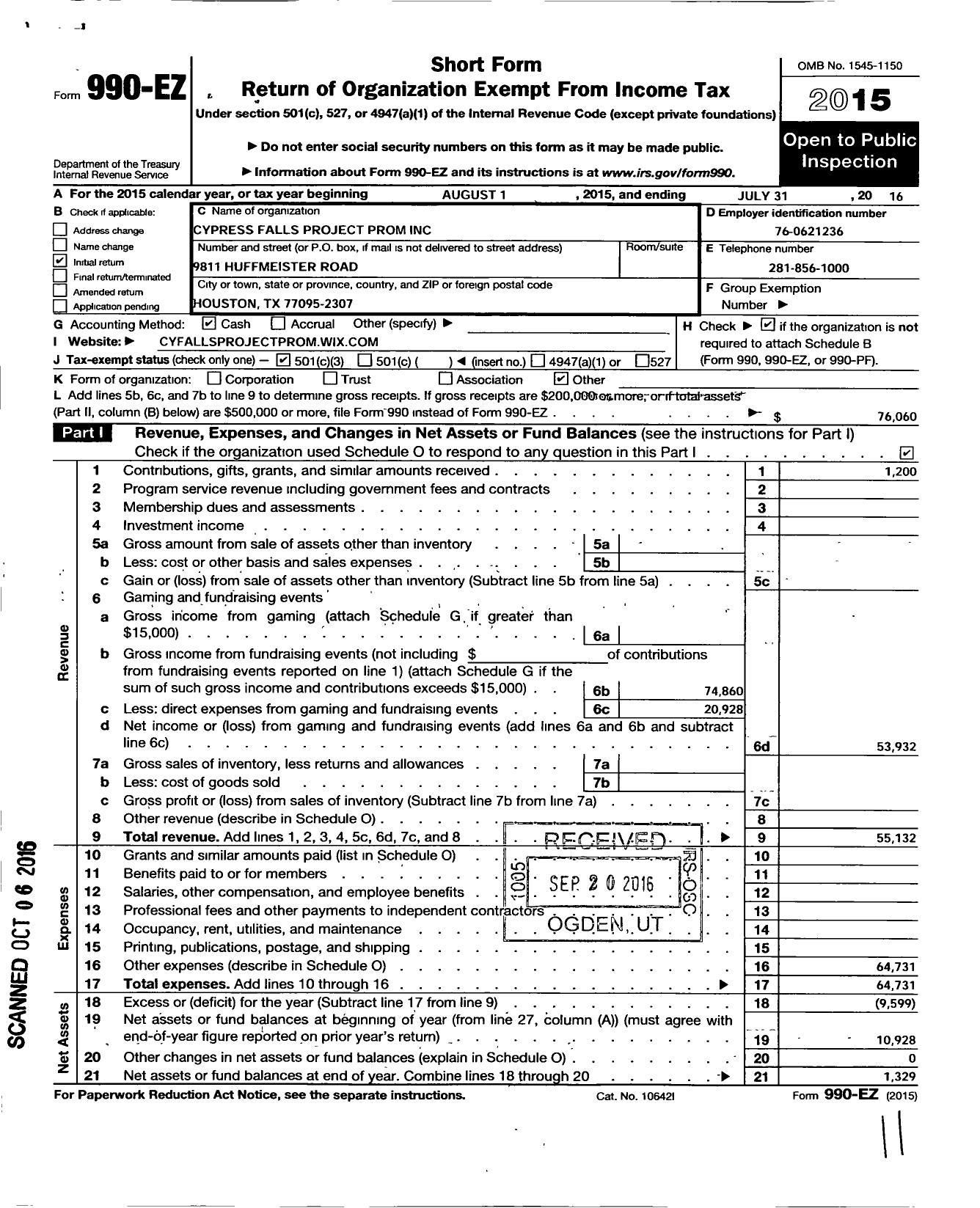 Image of first page of 2015 Form 990EZ for Cypress Falls Project Prom