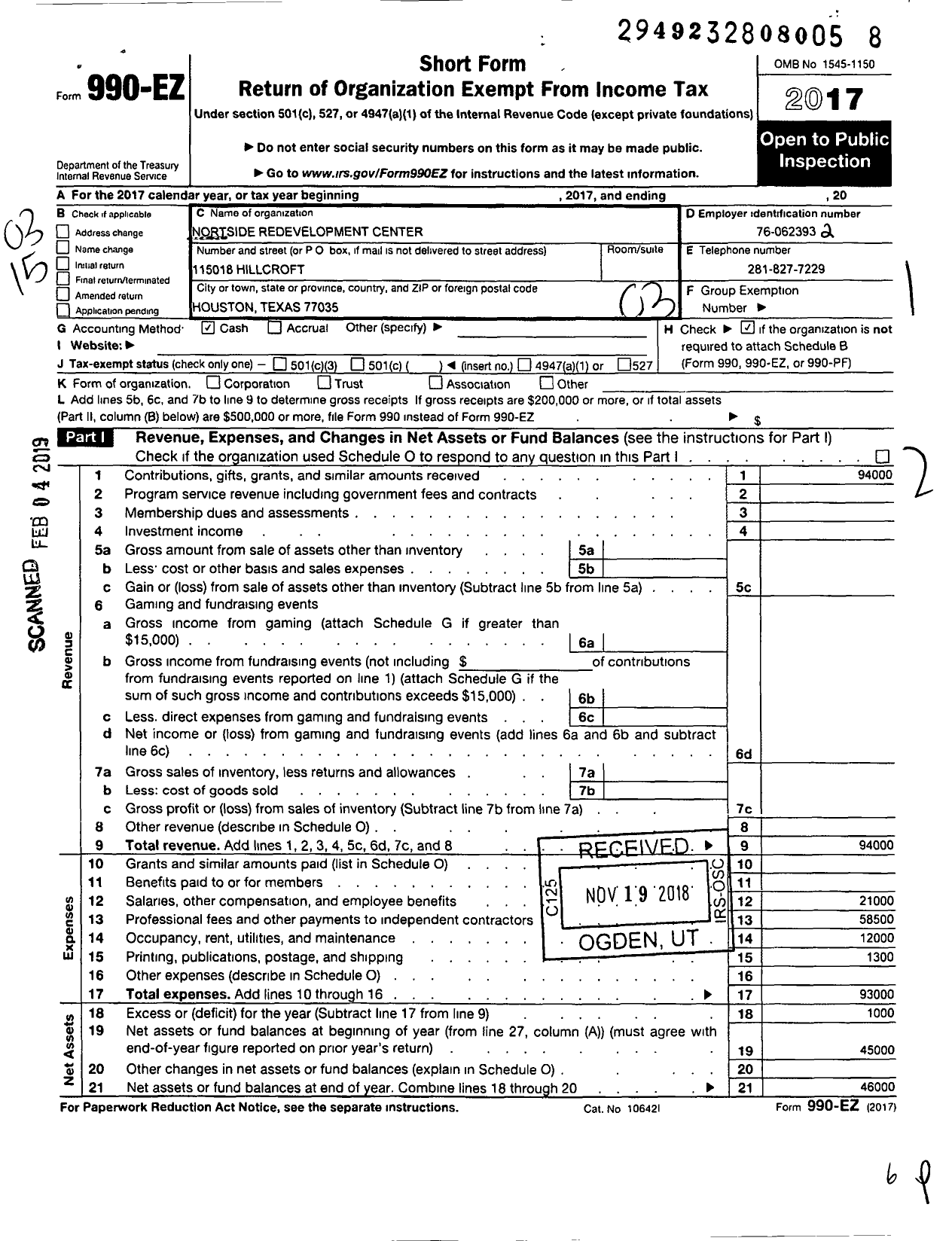 Image of first page of 2017 Form 990EZ for Northside Redevelopment Center