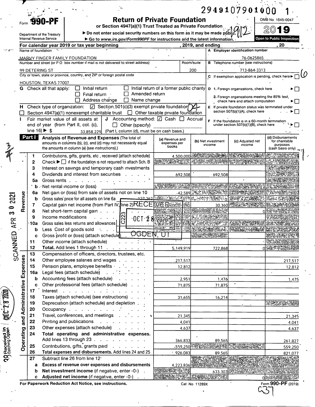 Image of first page of 2019 Form 990PF for Marvy Finger Family Foundation