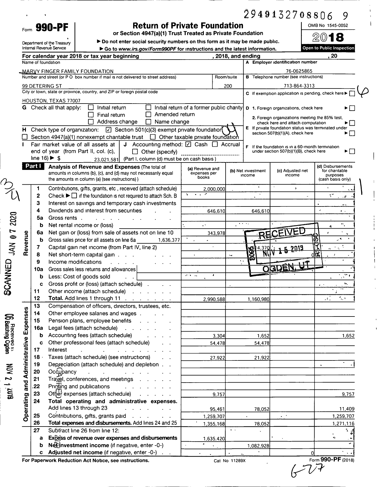 Image of first page of 2018 Form 990PF for Marvy Finger Family Foundation