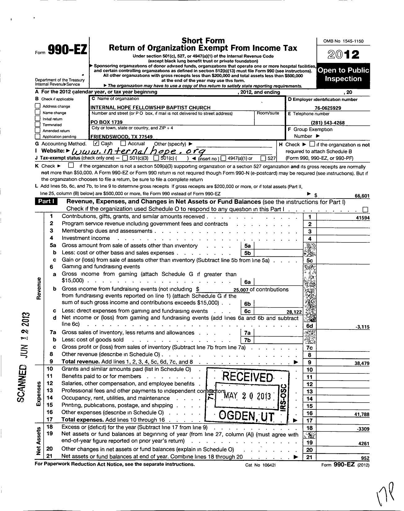 Image of first page of 2012 Form 990EO for Internal Hope Fellowship Baptist Church