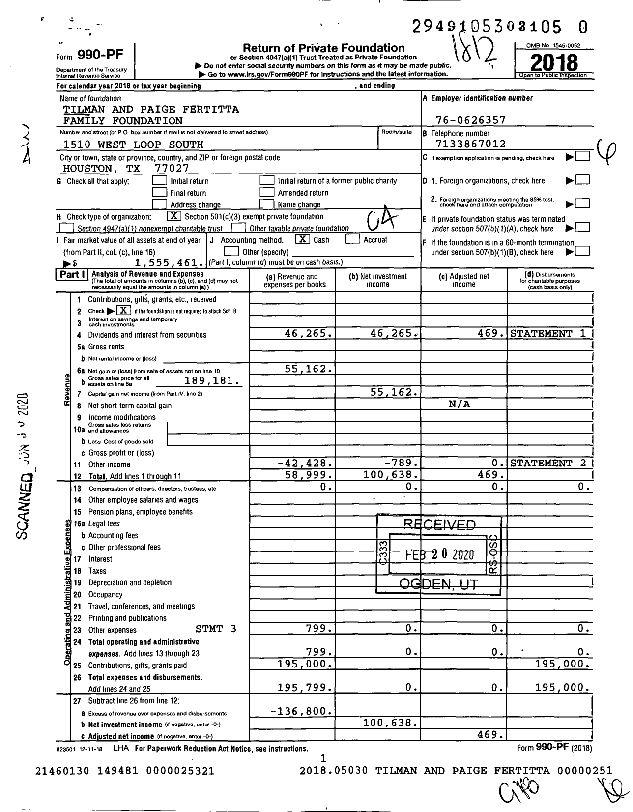 Image of first page of 2018 Form 990PR for Tilman and Paige Fertitta Family Foundation
