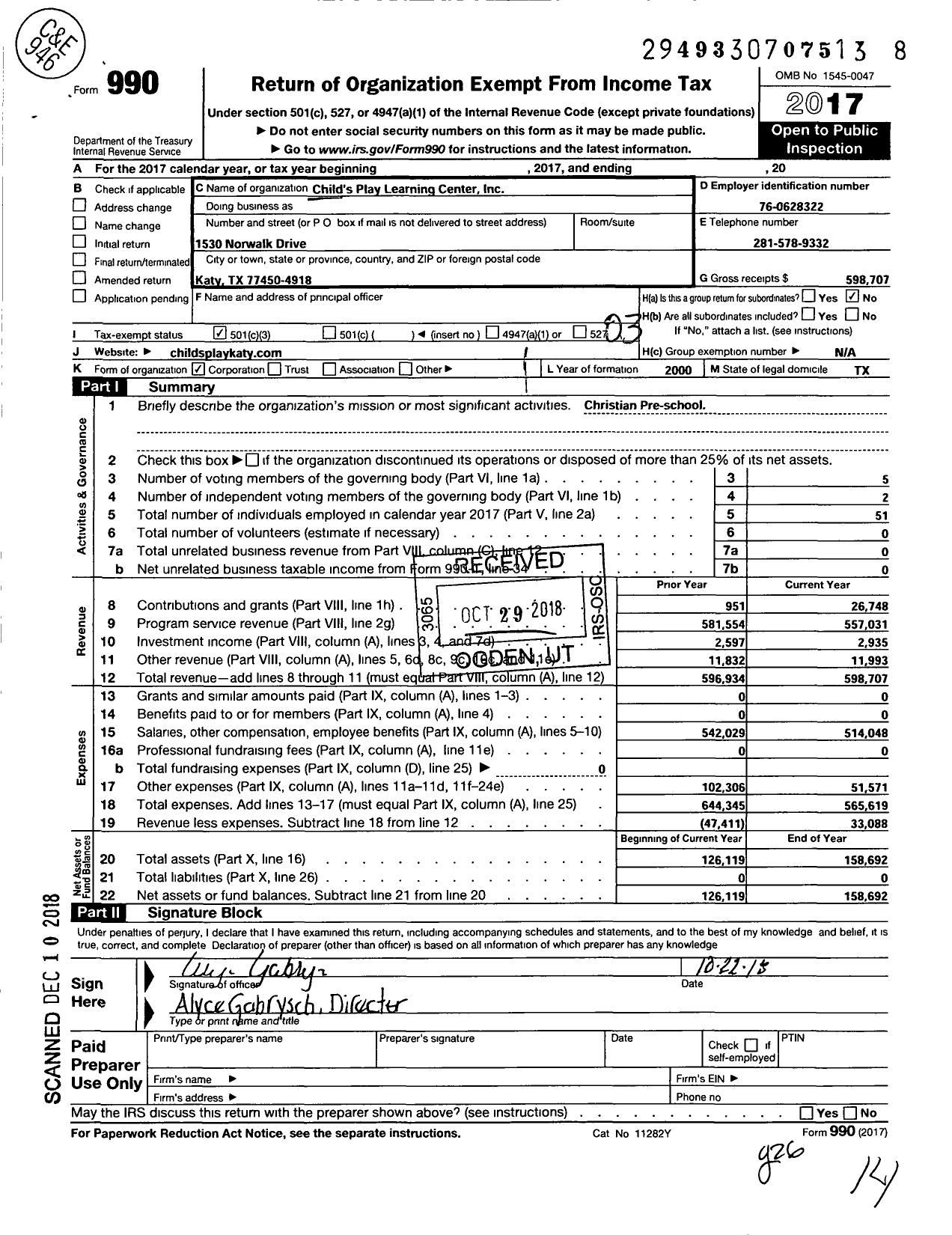 Image of first page of 2017 Form 990 for Child's Play Learning Center