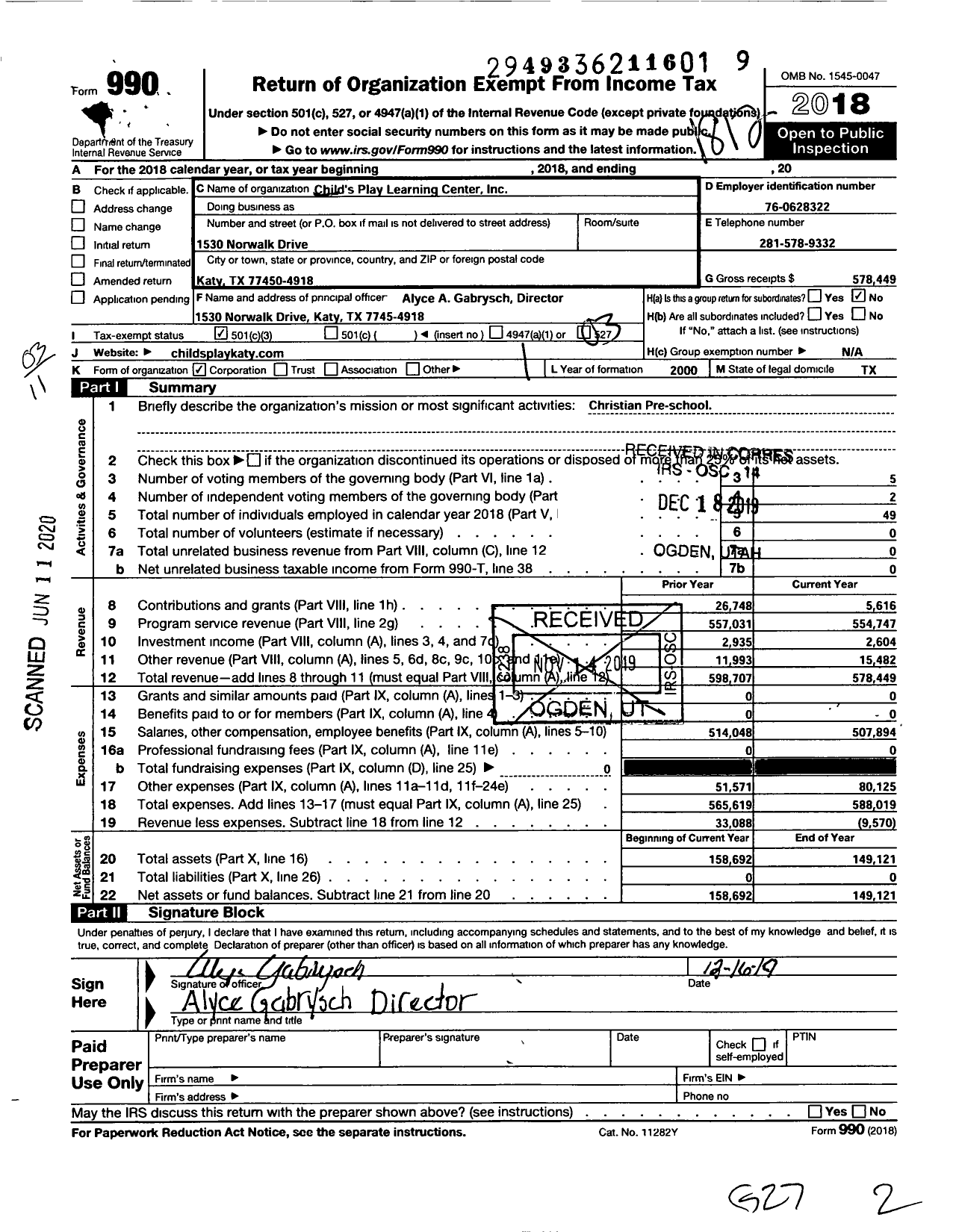 Image of first page of 2018 Form 990 for Child's Play Learning Center