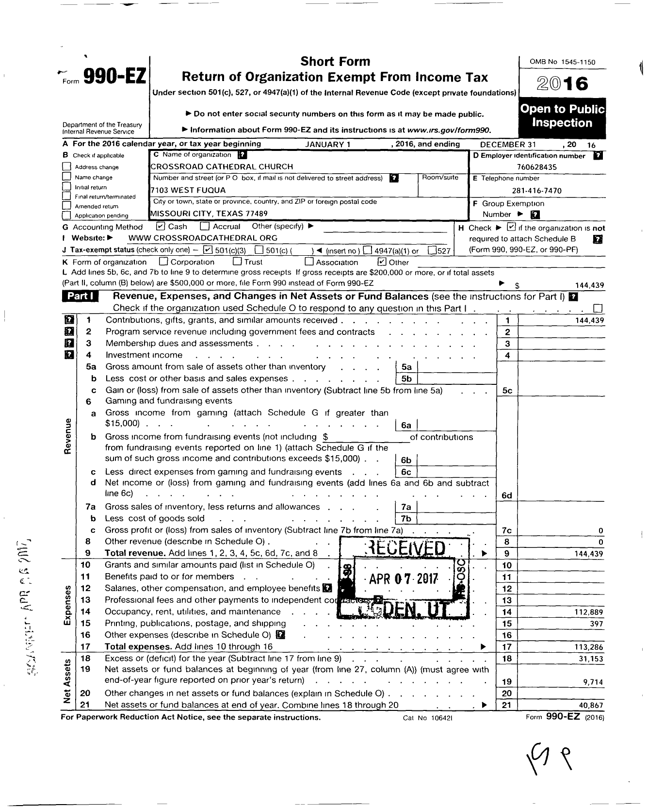 Image of first page of 2016 Form 990EZ for Crossroads Cathedral Church