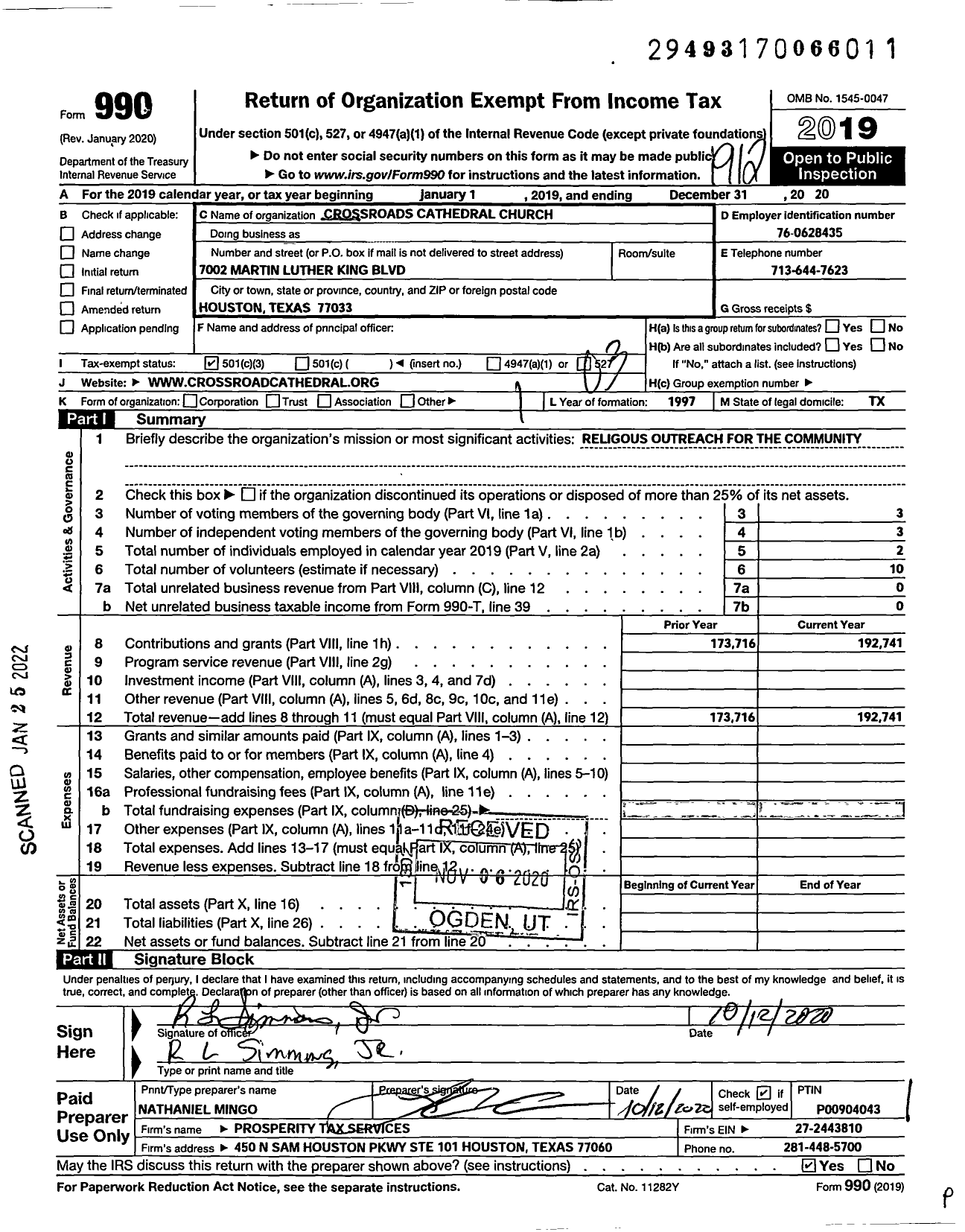 Image of first page of 2019 Form 990 for Crossroads Cathedral Church