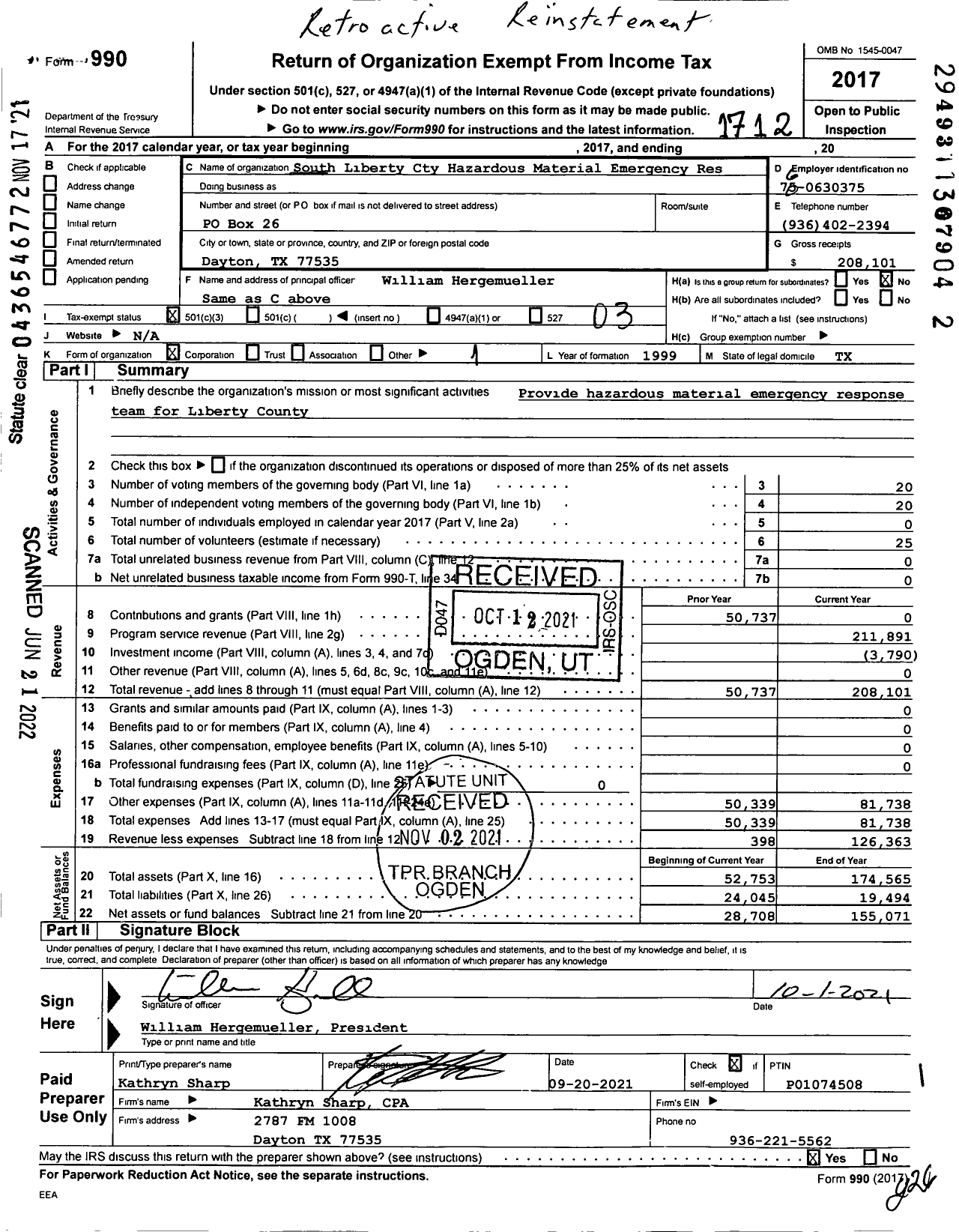 Image of first page of 2017 Form 990 for South Liberty Cty Hazardous Material Emergency Res