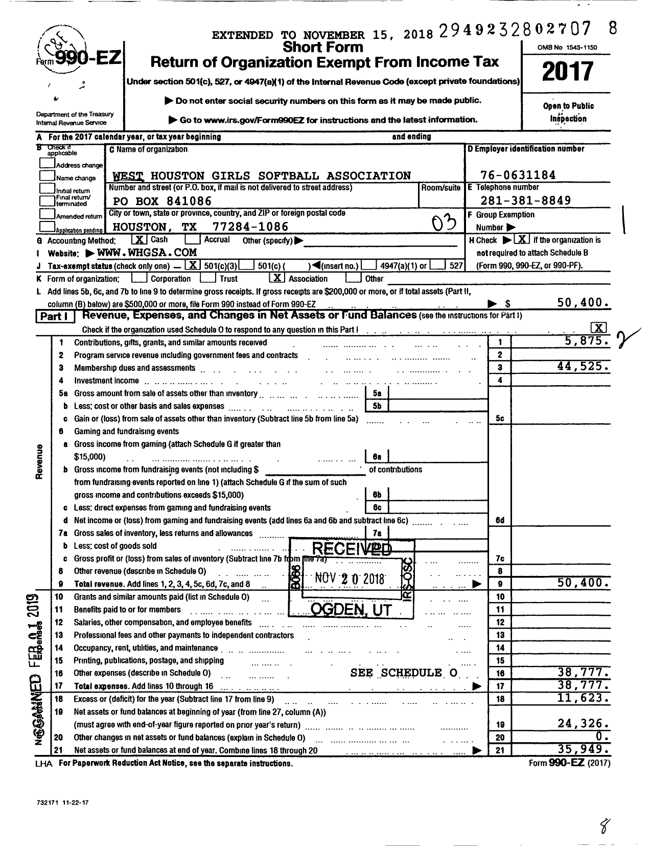 Image of first page of 2017 Form 990EZ for West Houston Girls Softball Association