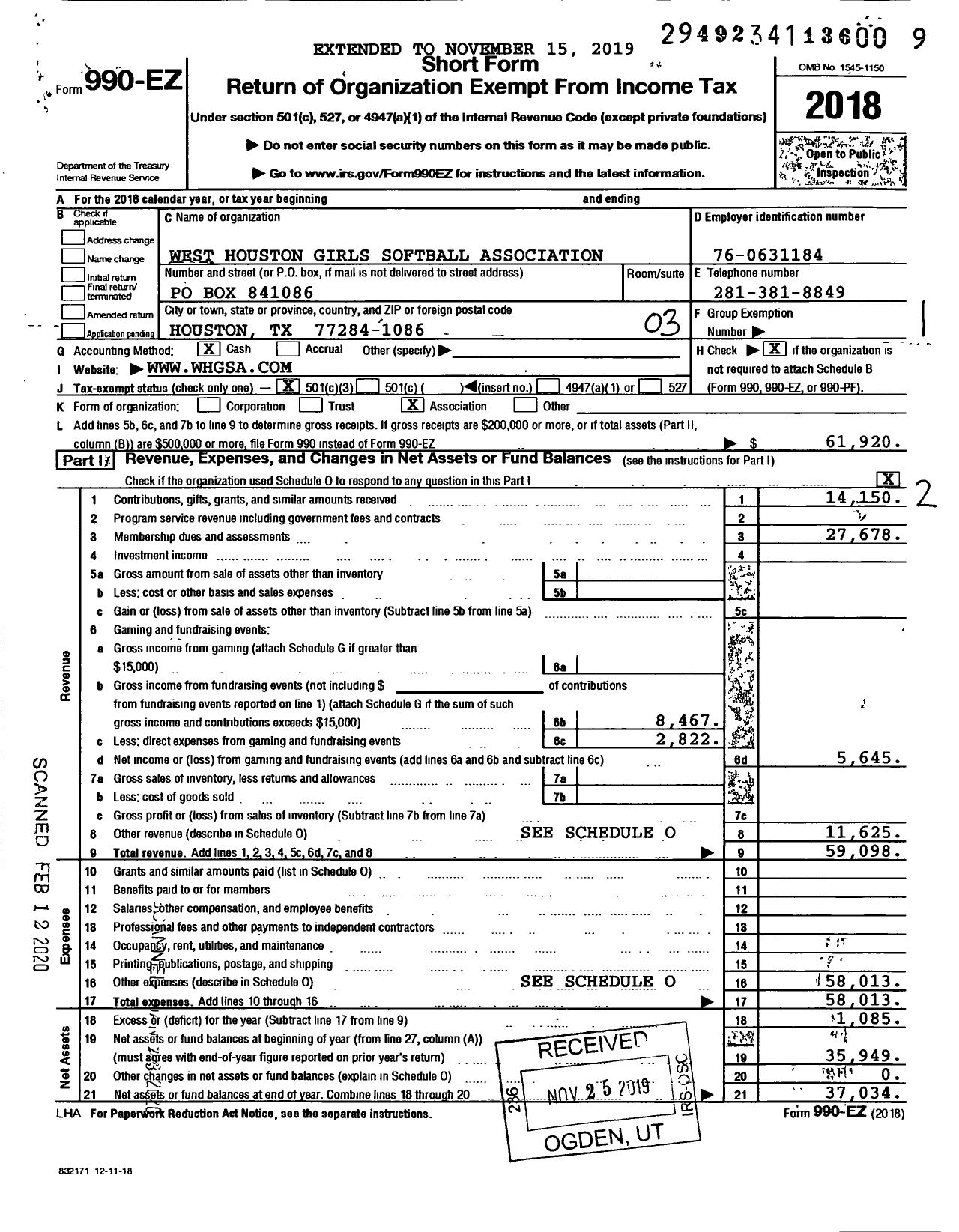 Image of first page of 2018 Form 990EZ for West Houston Girls Softball Association