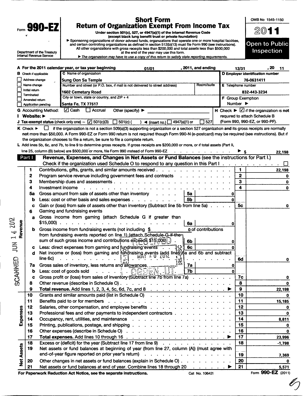 Image of first page of 2011 Form 990EZ for Sung Oon Sa Temple