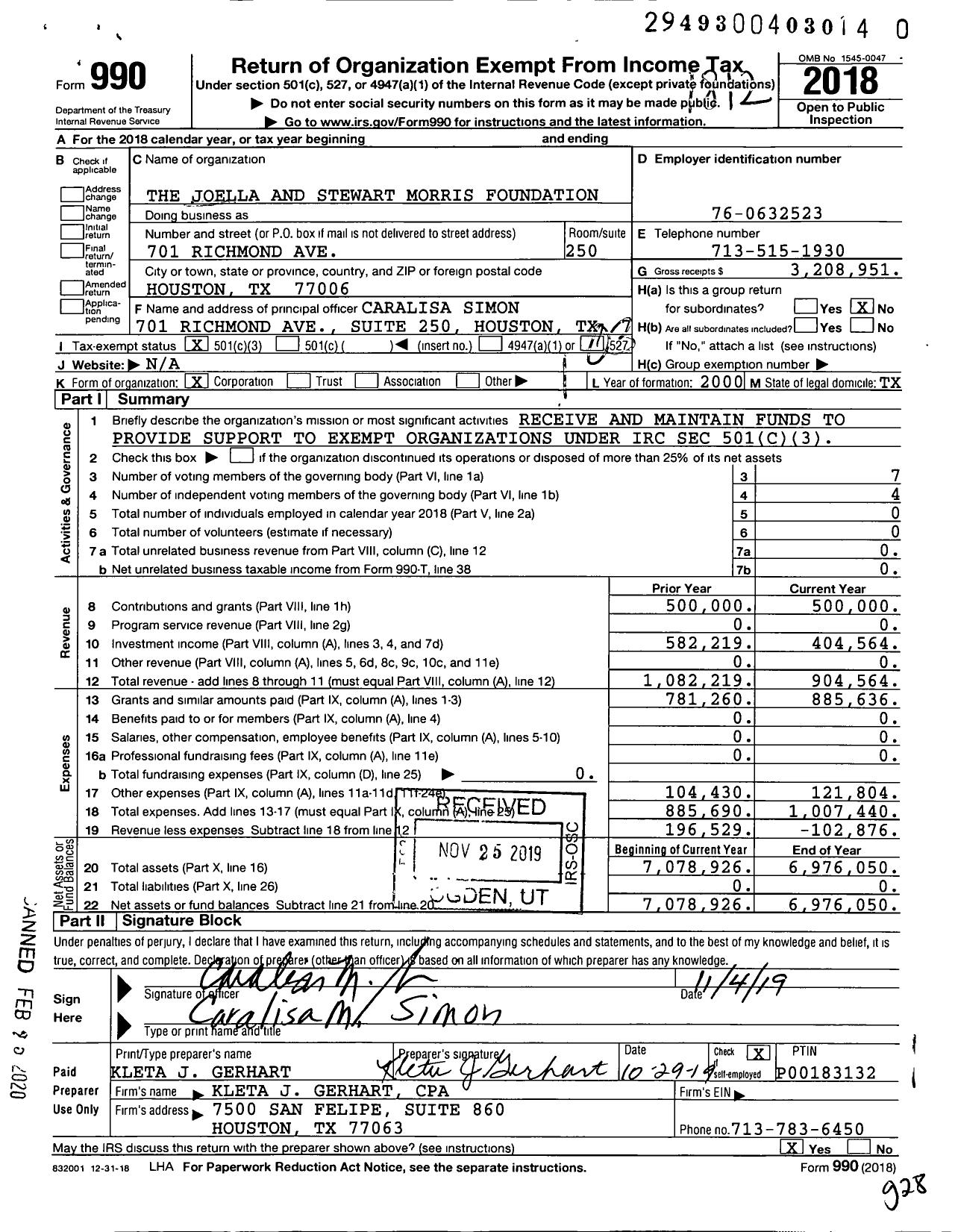 Image of first page of 2018 Form 990 for The Joella and Stewart Morris Foundation