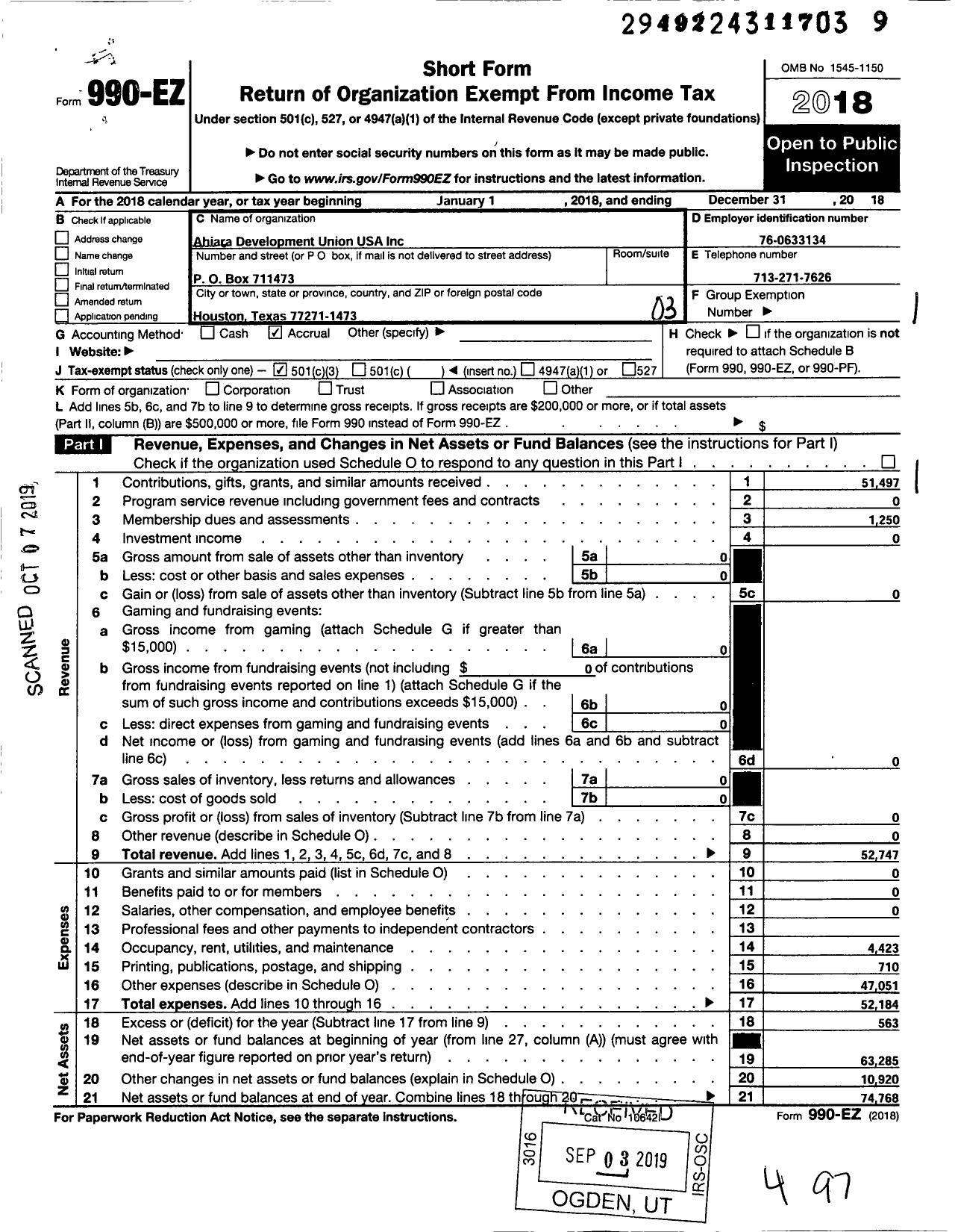 Image of first page of 2018 Form 990EZ for Ahiara Development Union USA Inc American Global Rescue