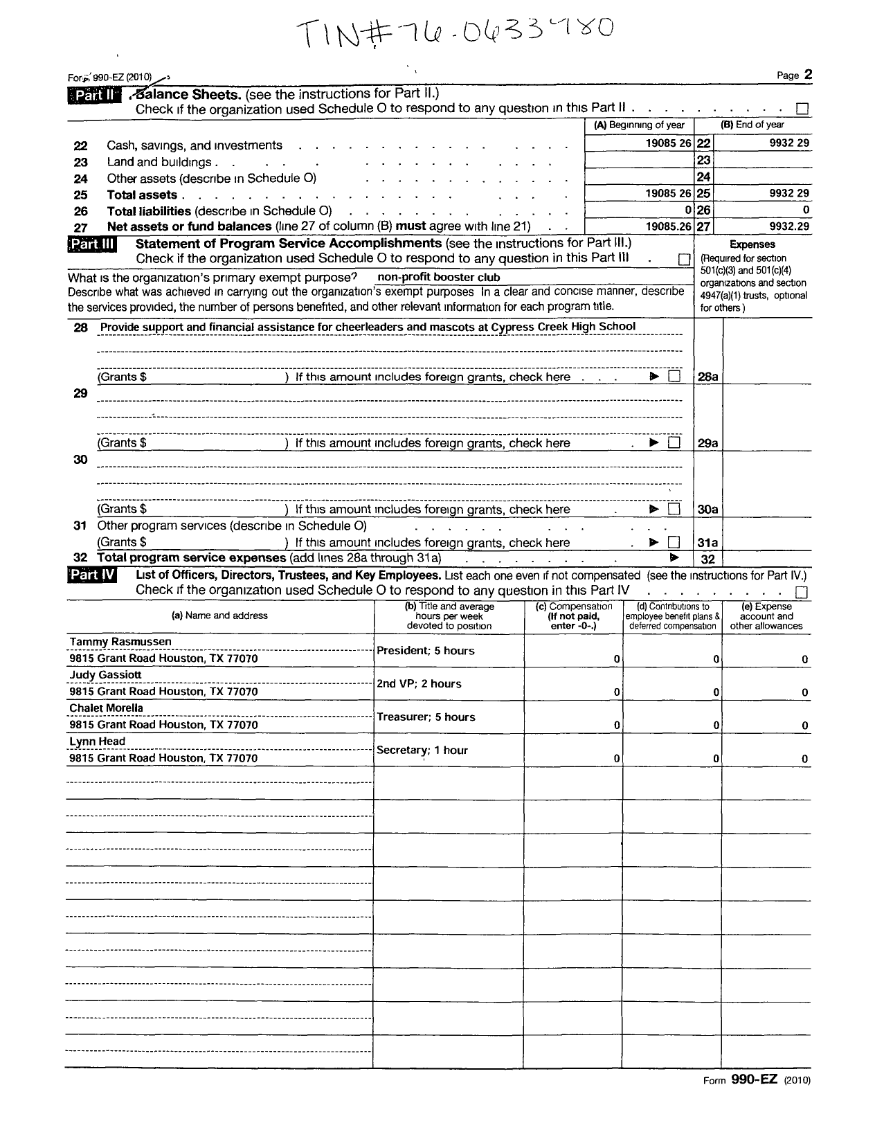 Image of first page of 2010 Form 990ER for Cypress Creek Cheerleader Booster Club