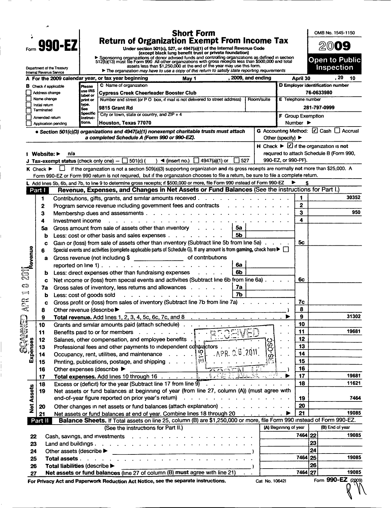 Image of first page of 2009 Form 990EO for Cypress Creek Cheerleader Booster Club