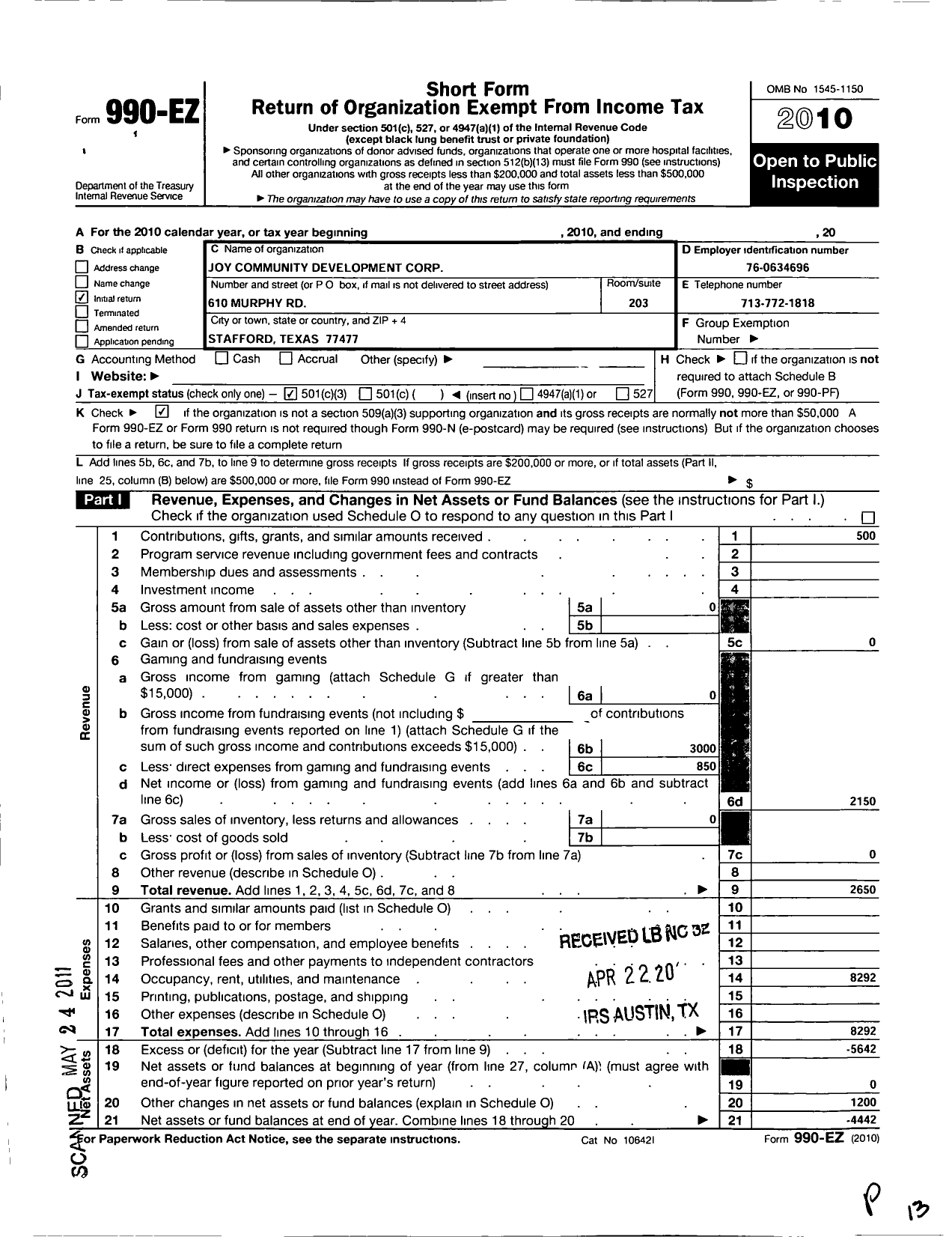 Image of first page of 2010 Form 990EZ for Joy Community Development Corporation