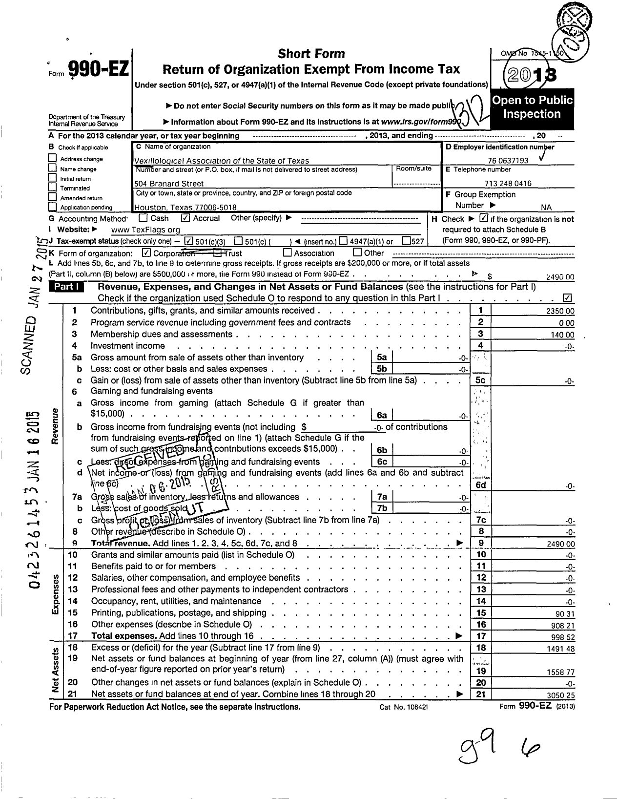 Image of first page of 2013 Form 990EZ for Vexillological Association of the State of Texas