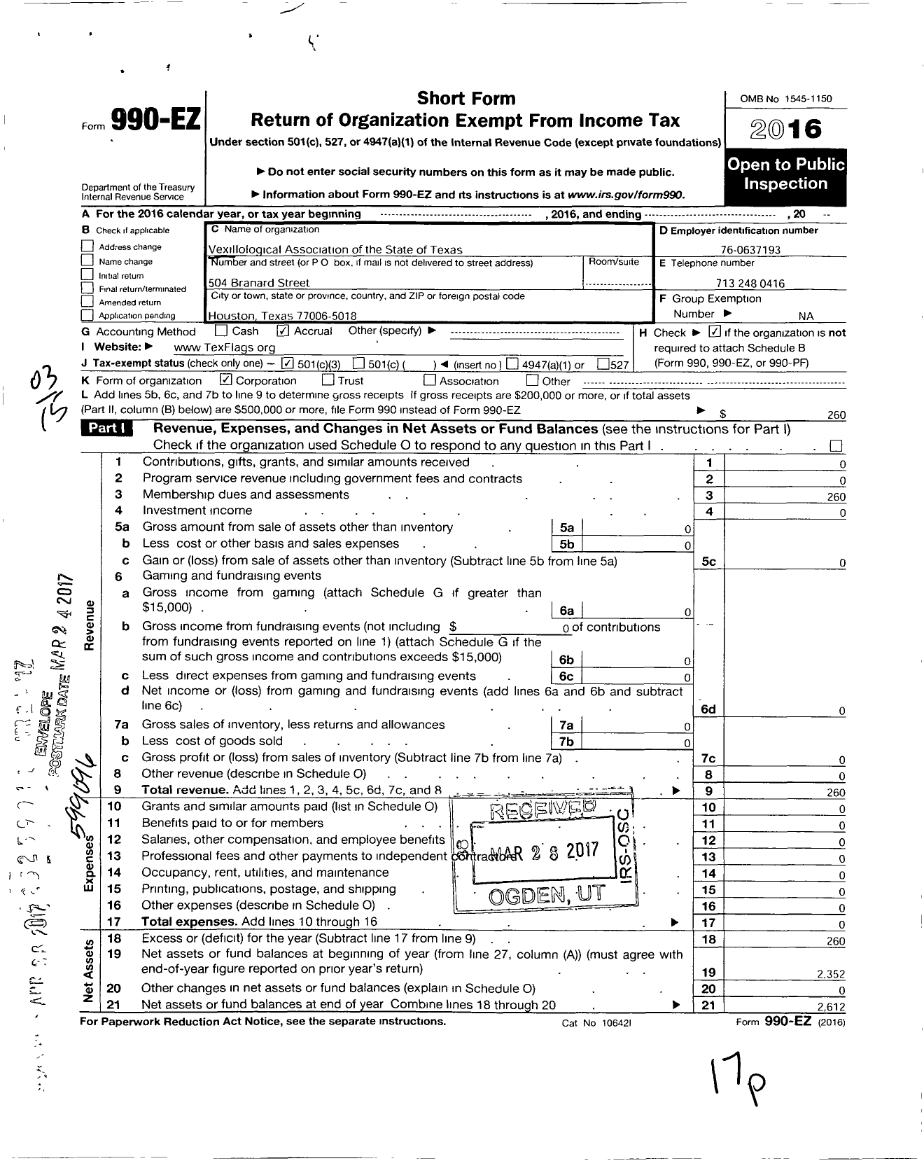 Image of first page of 2016 Form 990EZ for Vexillological Association of the State of Texas