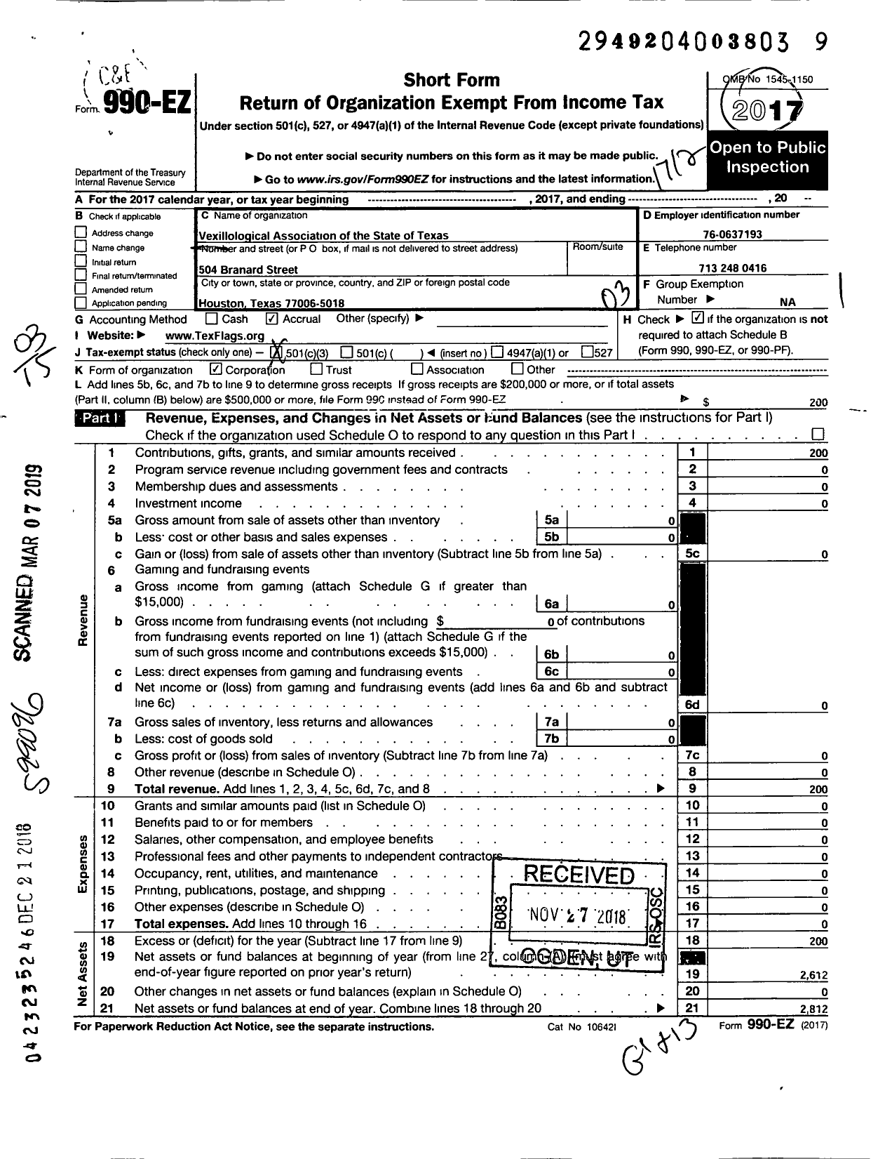 Image of first page of 2017 Form 990EZ for Vexillological Association of the State of Texas