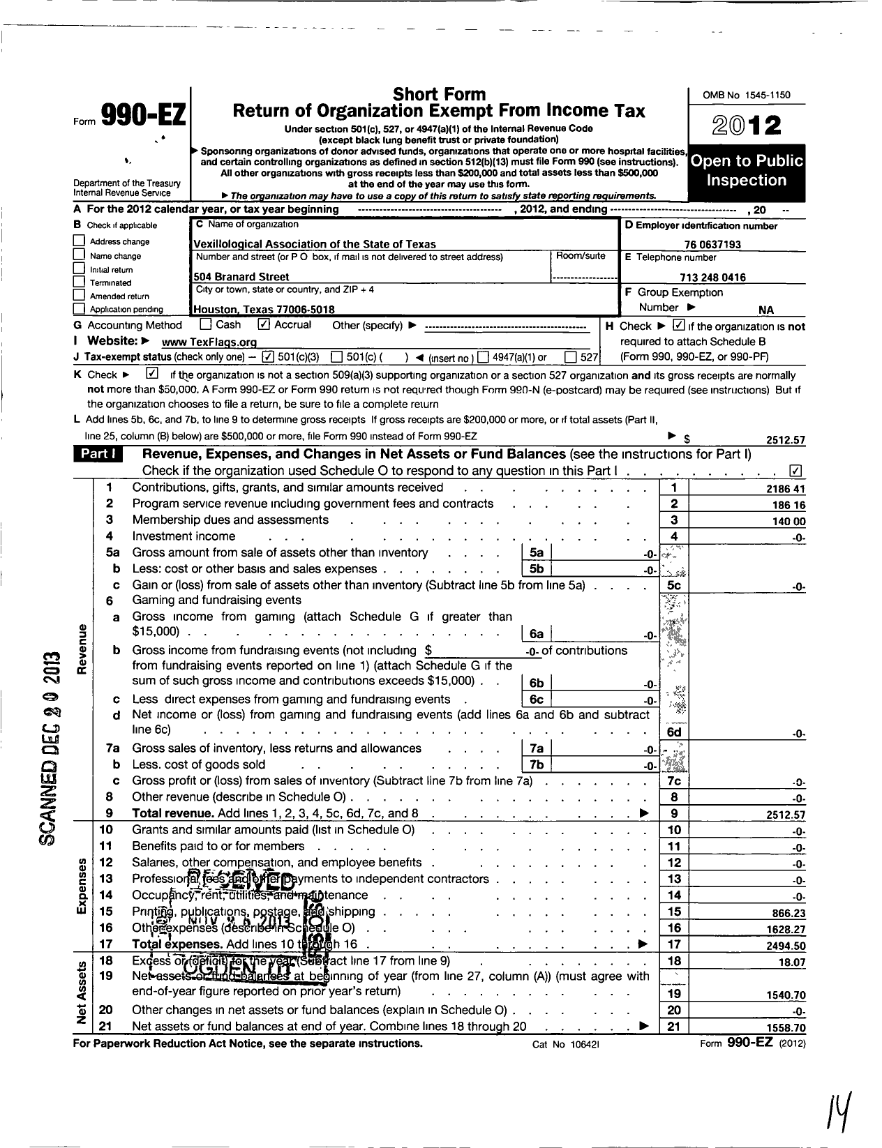 Image of first page of 2012 Form 990EZ for Vexillological Association of the State of Texas