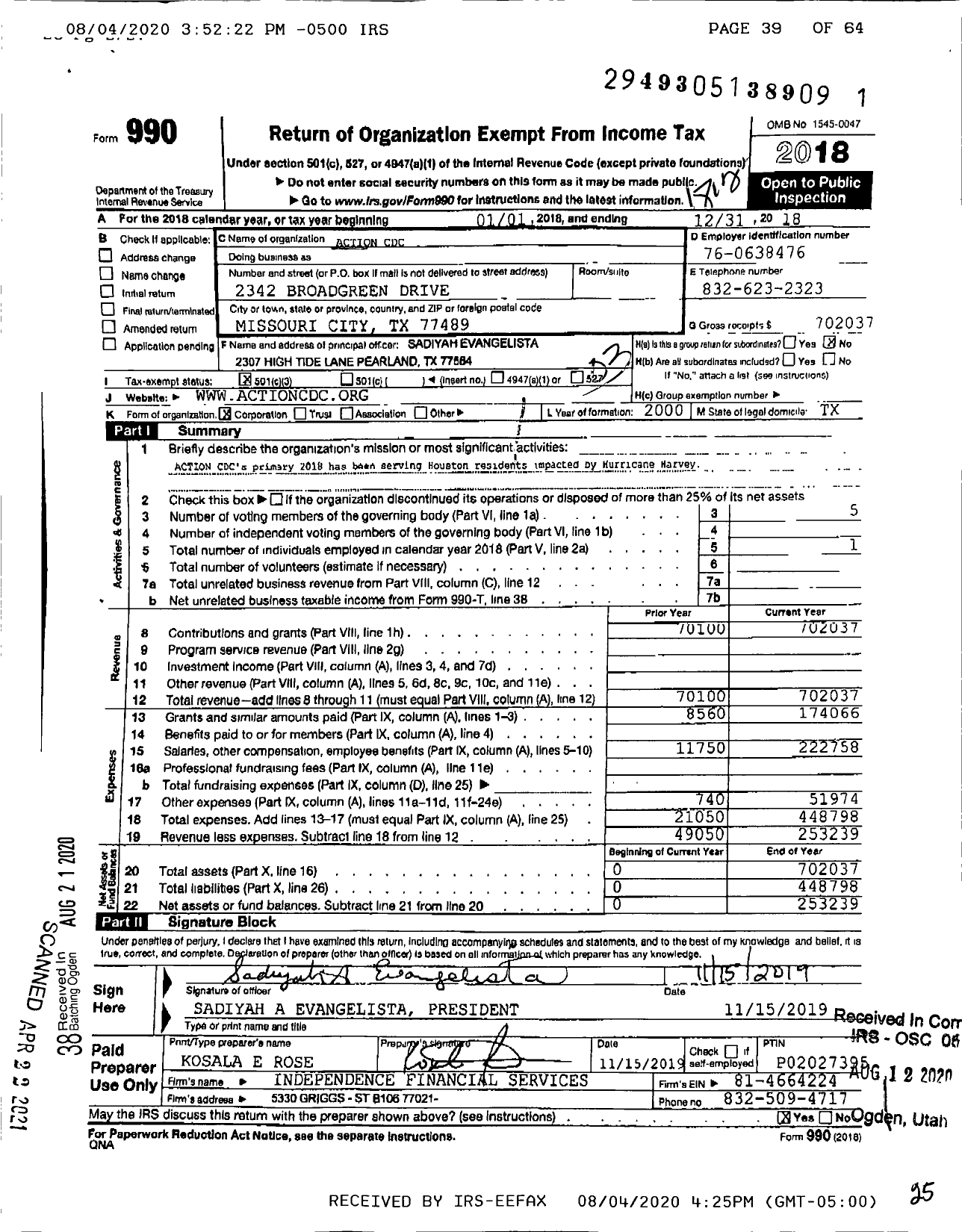 Image of first page of 2018 Form 990 for Action CDC