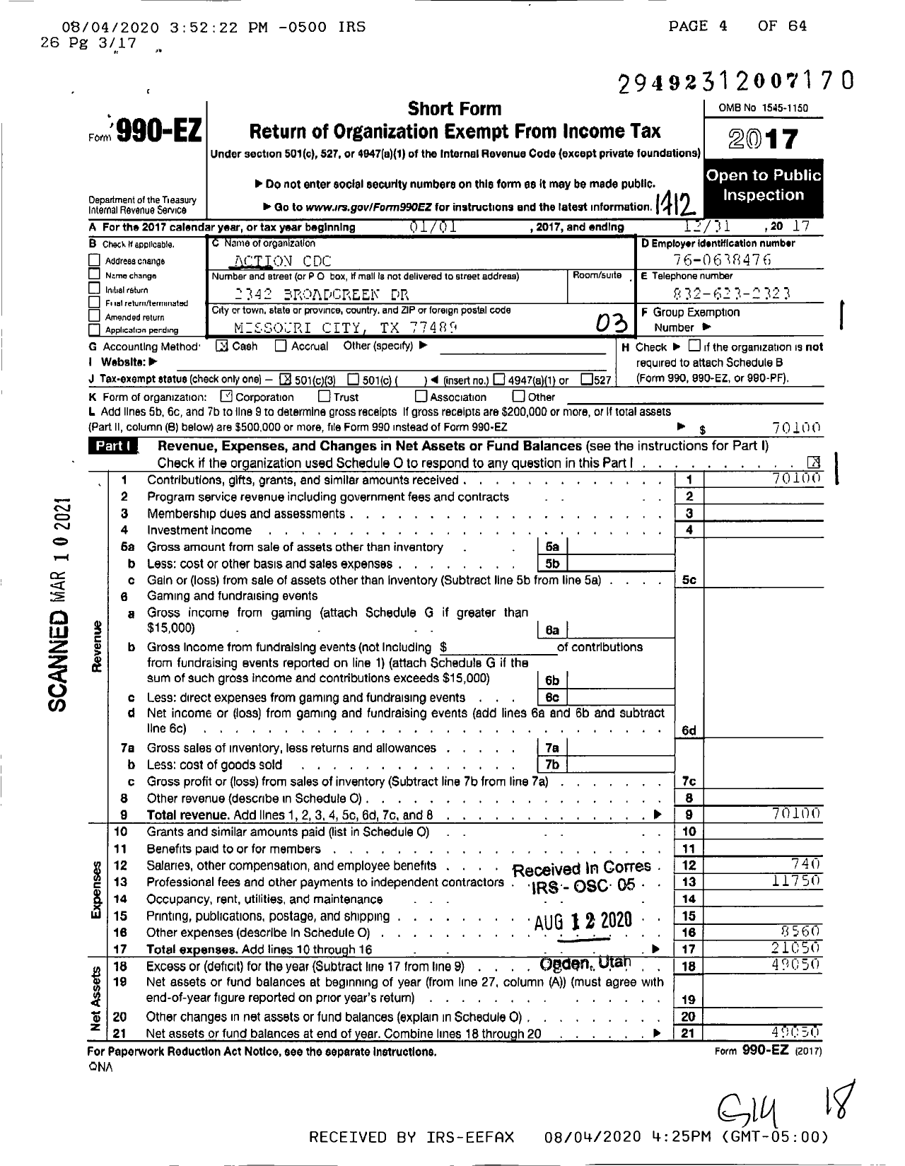 Image of first page of 2017 Form 990EZ for Action CDC