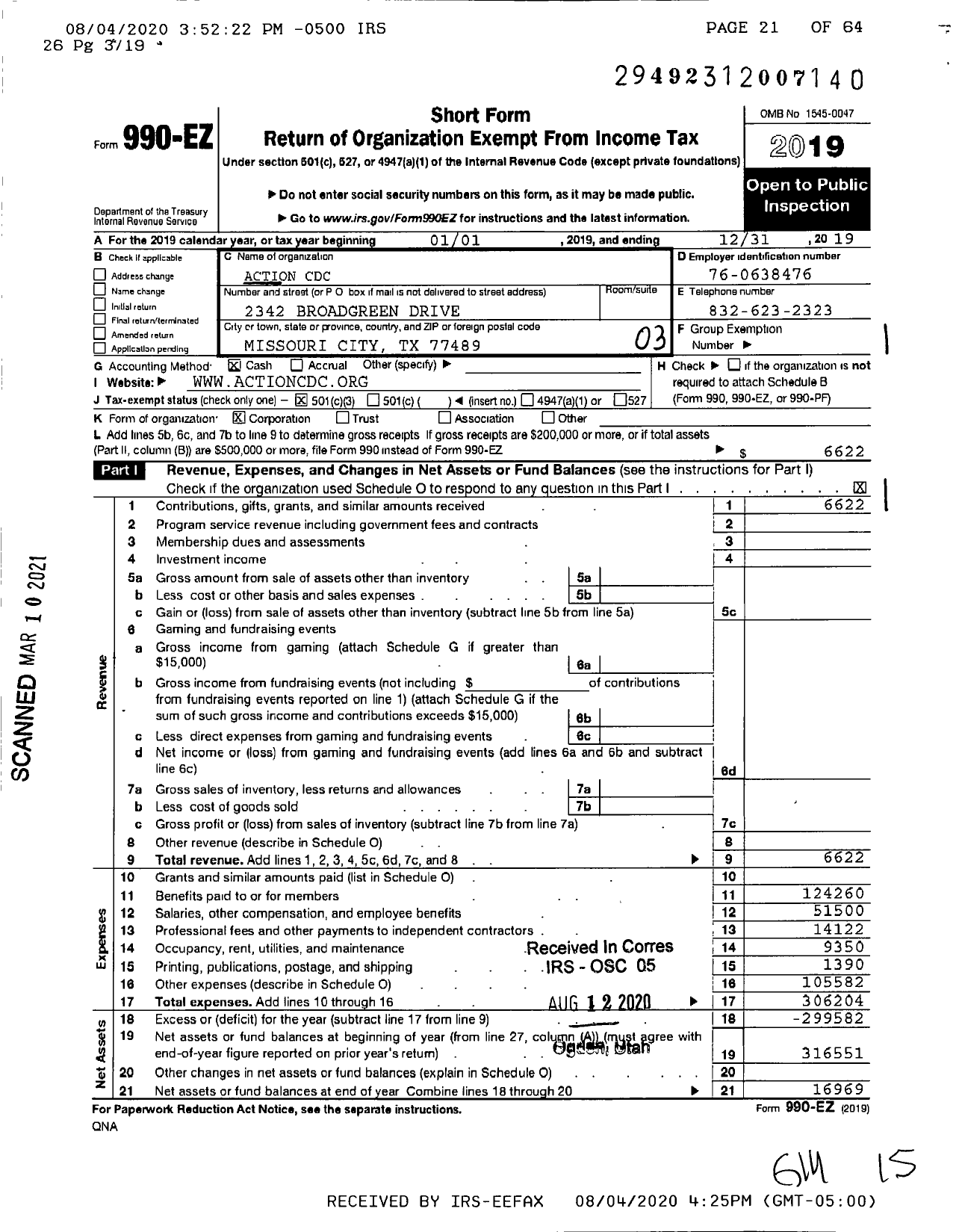 Image of first page of 2019 Form 990EZ for Action CDC