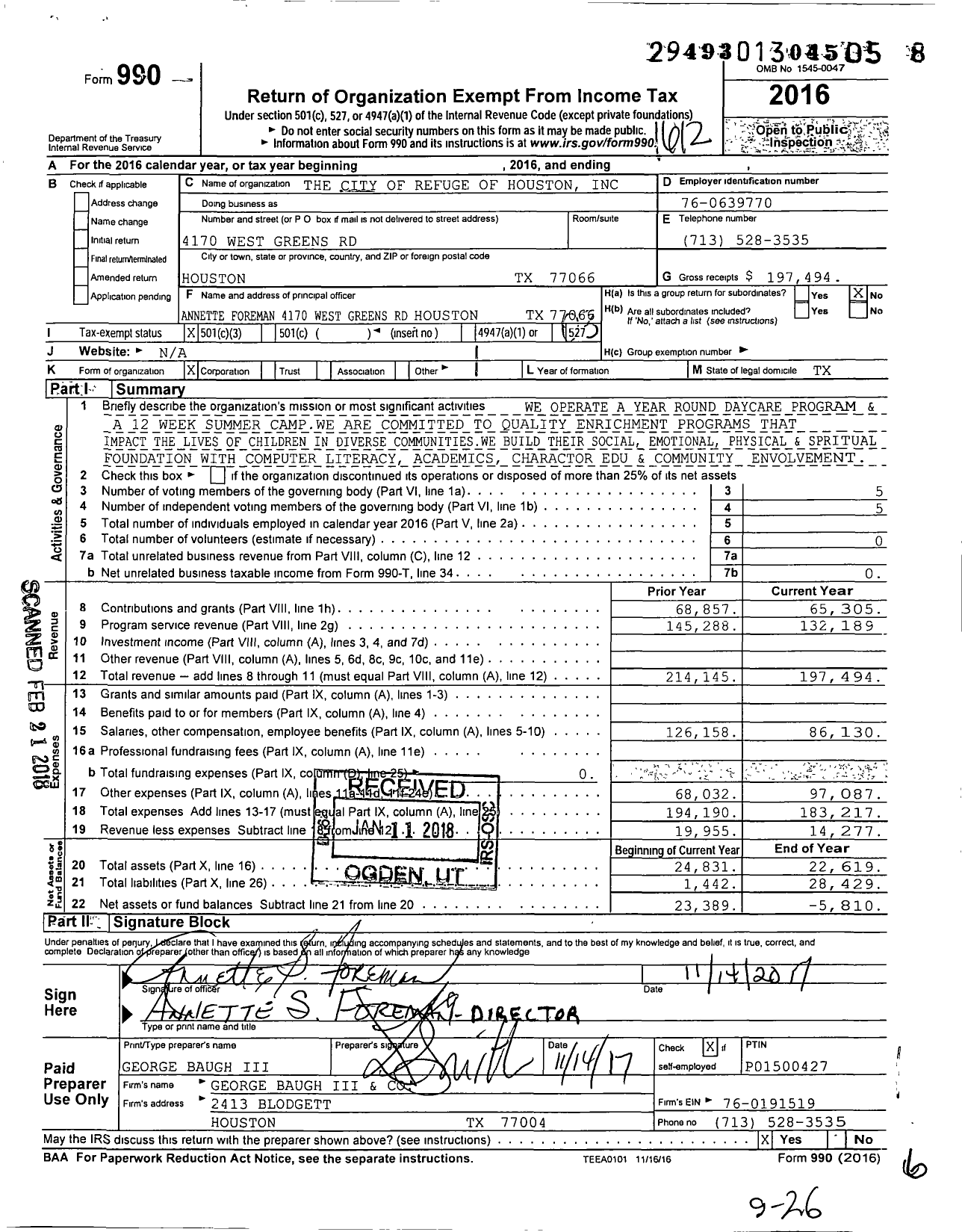 Image of first page of 2016 Form 990 for The City of Refuge of Houston