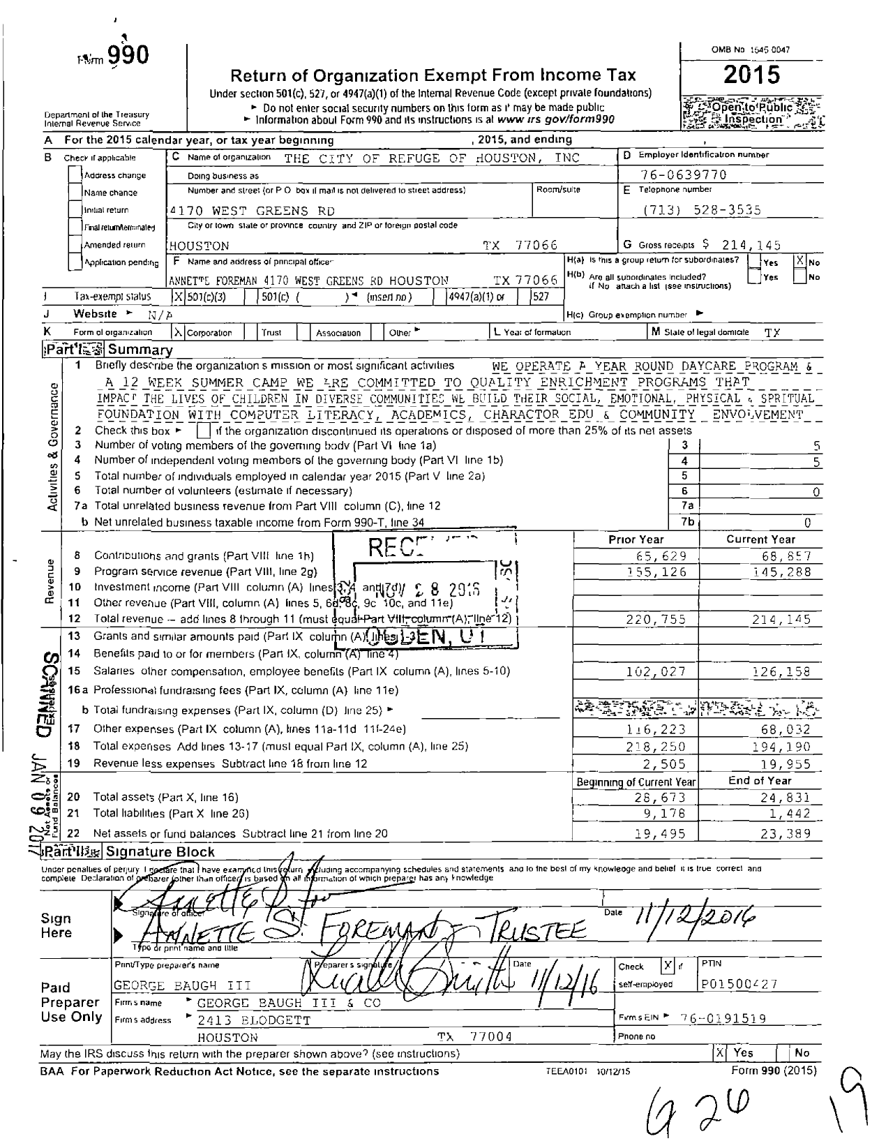 Image of first page of 2015 Form 990 for The City of Refuge of Houston