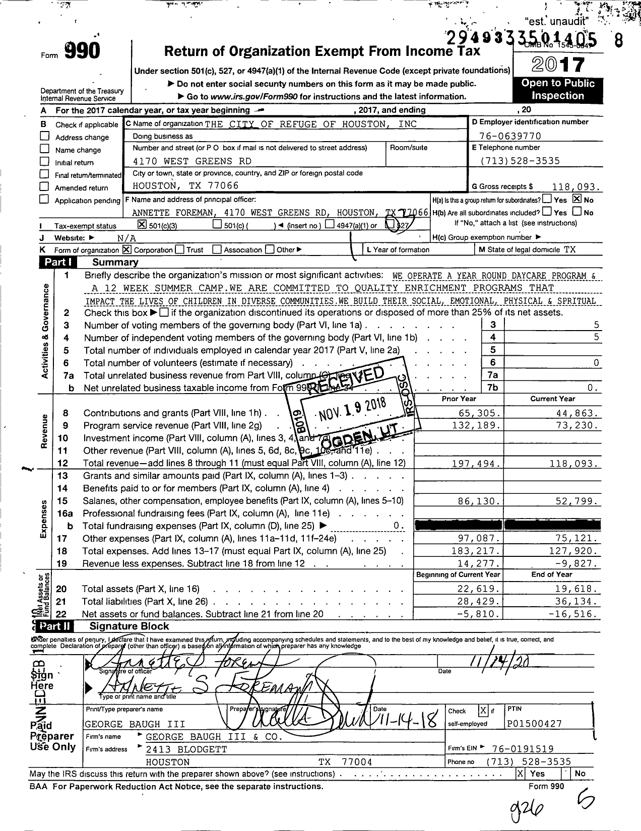 Image of first page of 2017 Form 990 for The City of Refuge of Houston