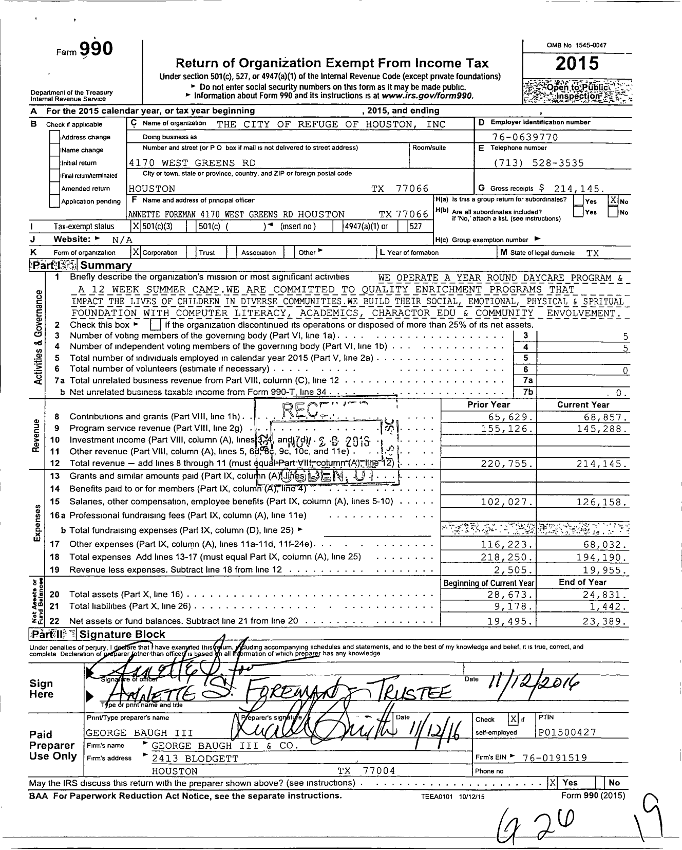 Image of first page of 2015 Form 990 for The City of Refuge of Houston