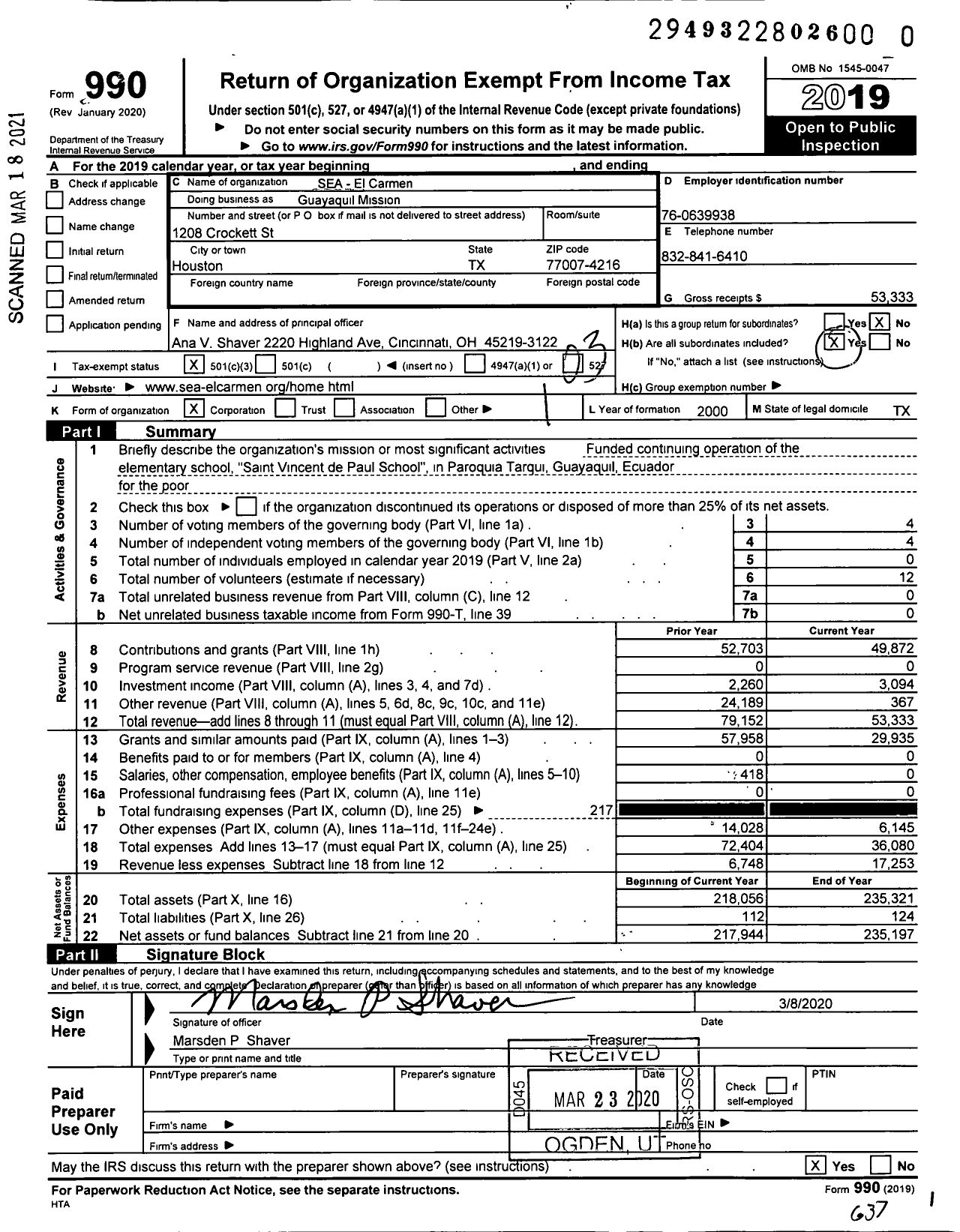 Image of first page of 2019 Form 990 for Guayaquil Mission