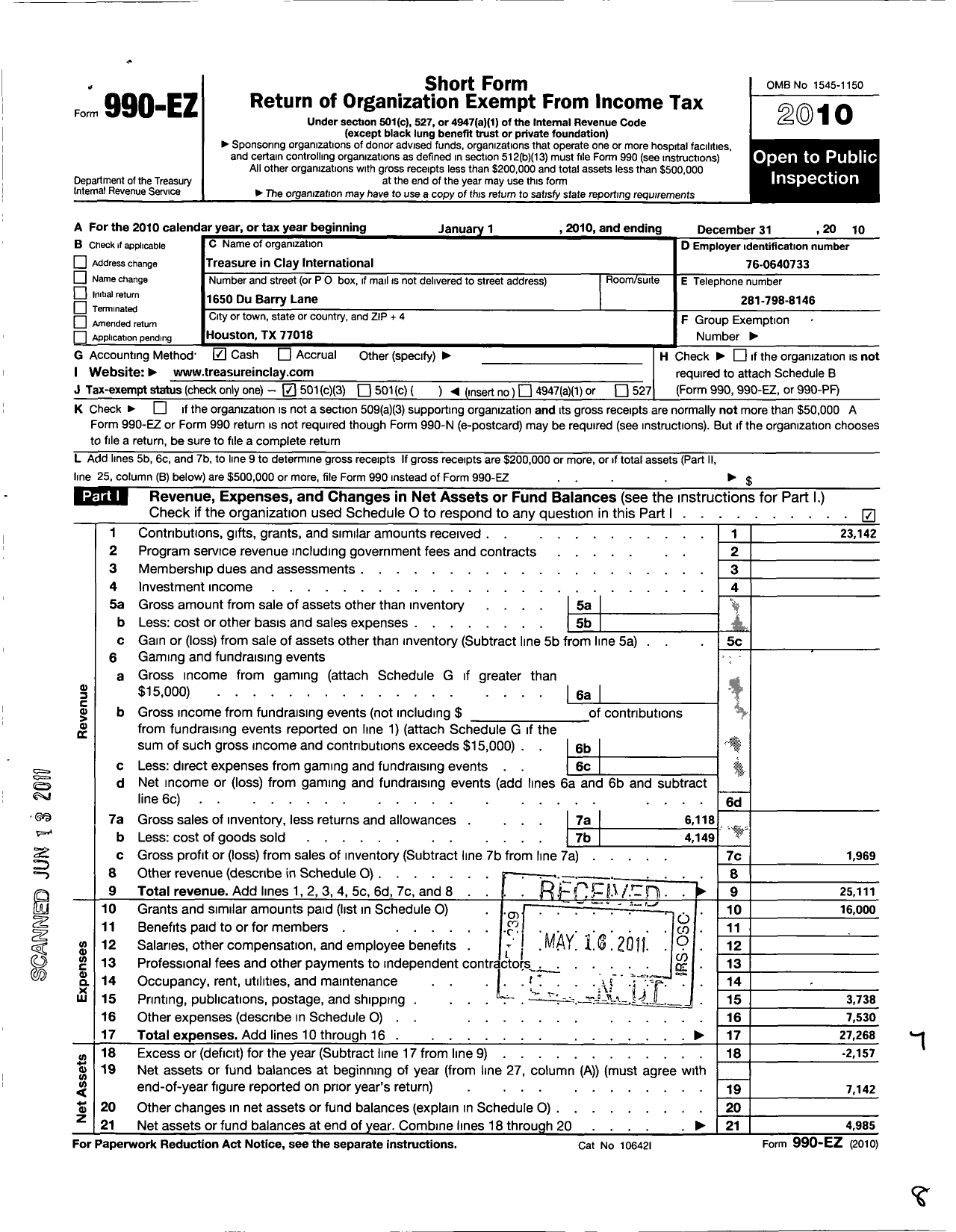 Image of first page of 2010 Form 990EZ for Treasure in Clay International