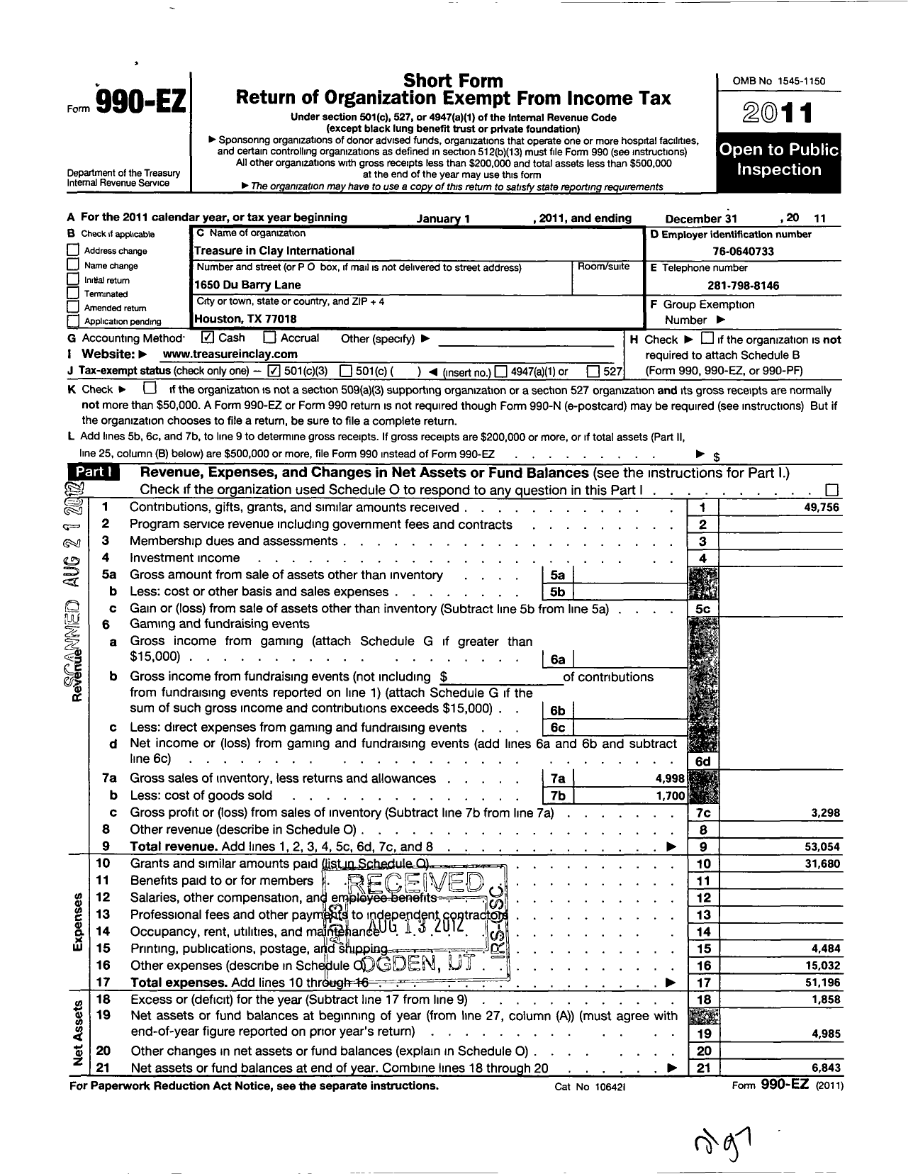 Image of first page of 2011 Form 990EZ for Treasure in Clay International