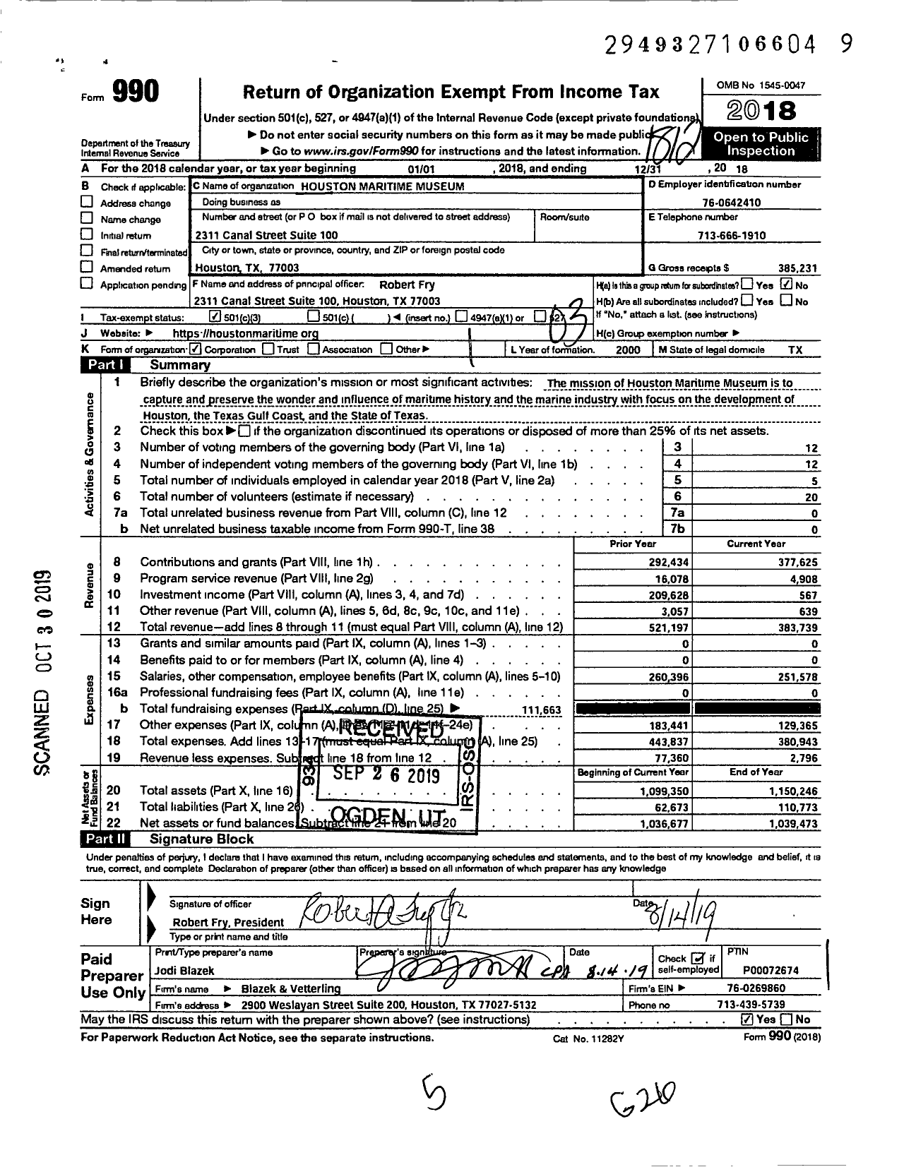 Image of first page of 2018 Form 990 for Houston Maritime Center