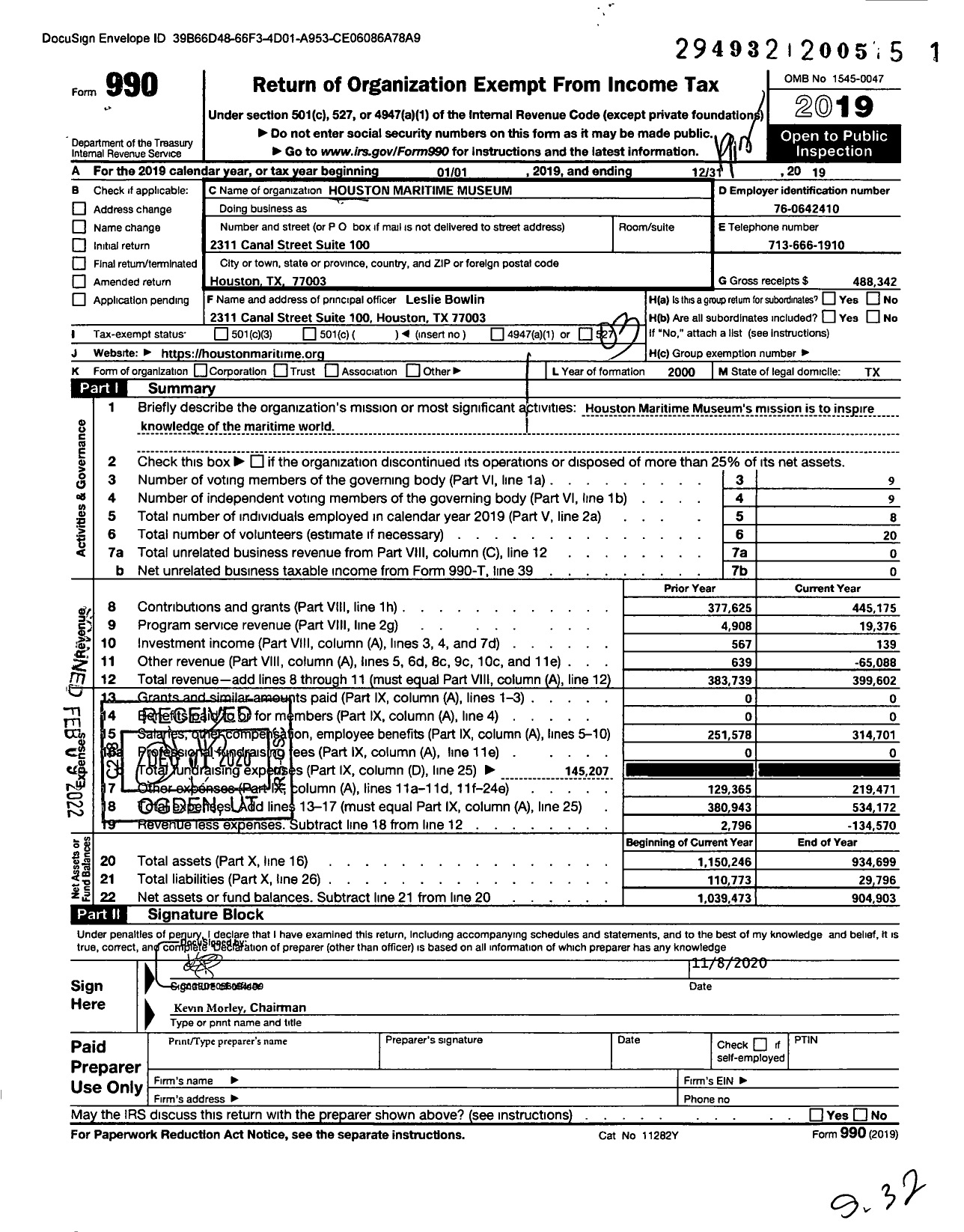 Image of first page of 2019 Form 990 for Houston Maritime Center