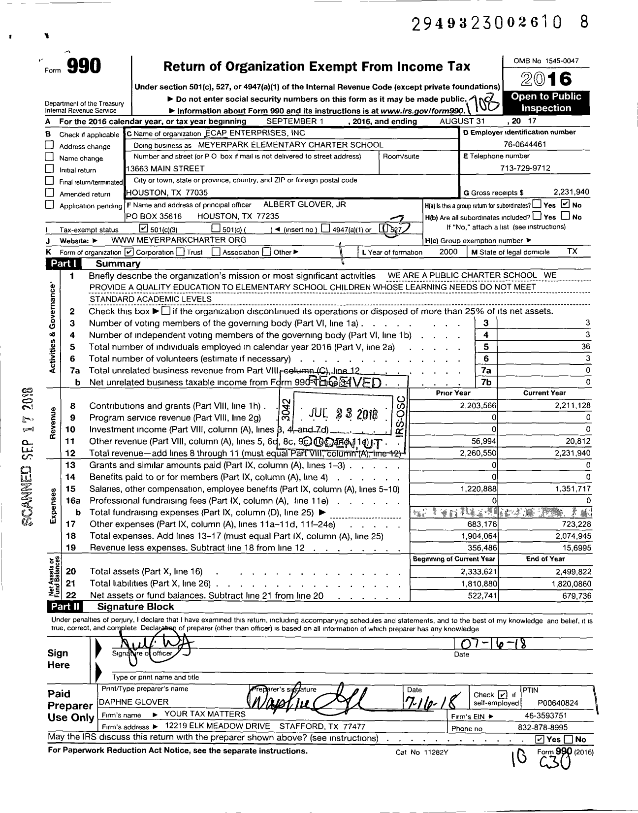 Image of first page of 2016 Form 990 for MeyerPark Elementary Charter School
