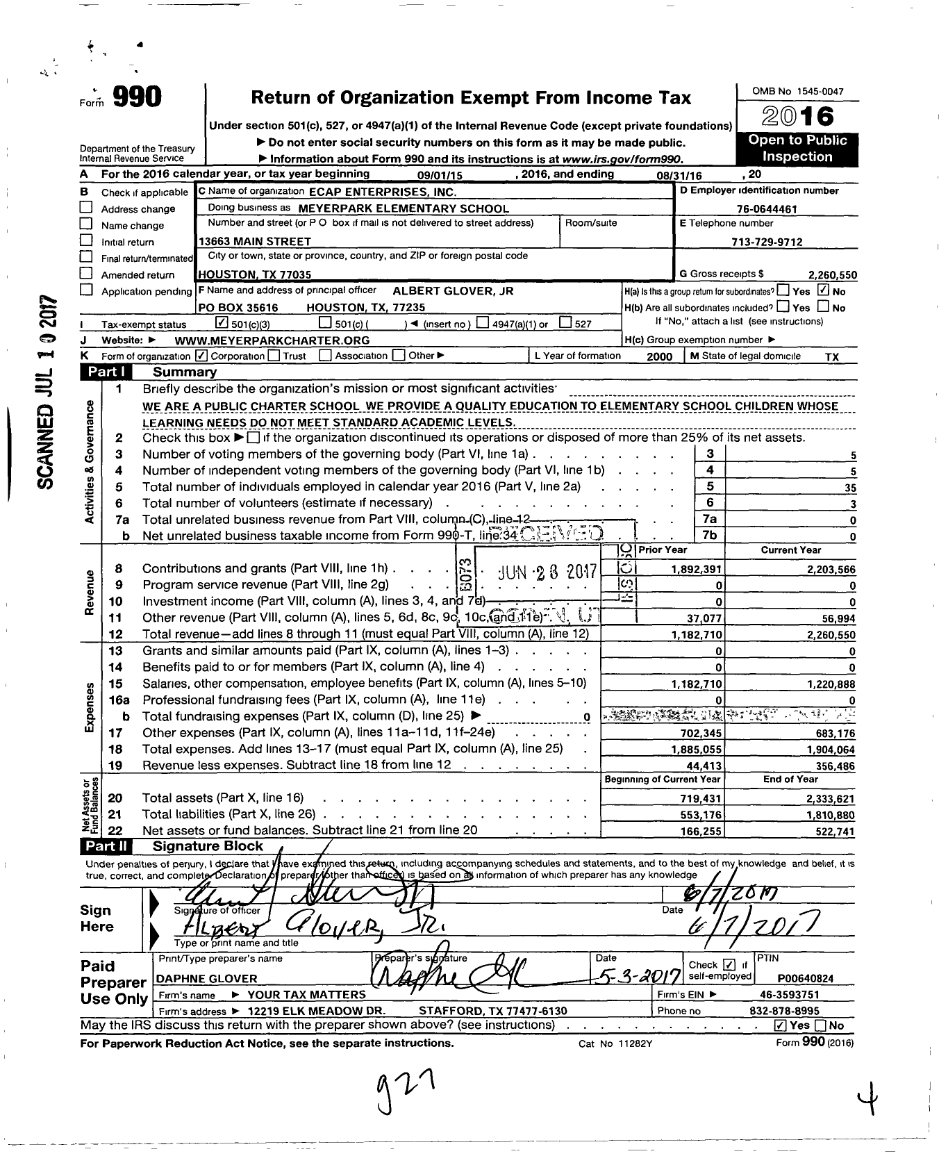 Image of first page of 2015 Form 990 for MeyerPark Elementary Charter School