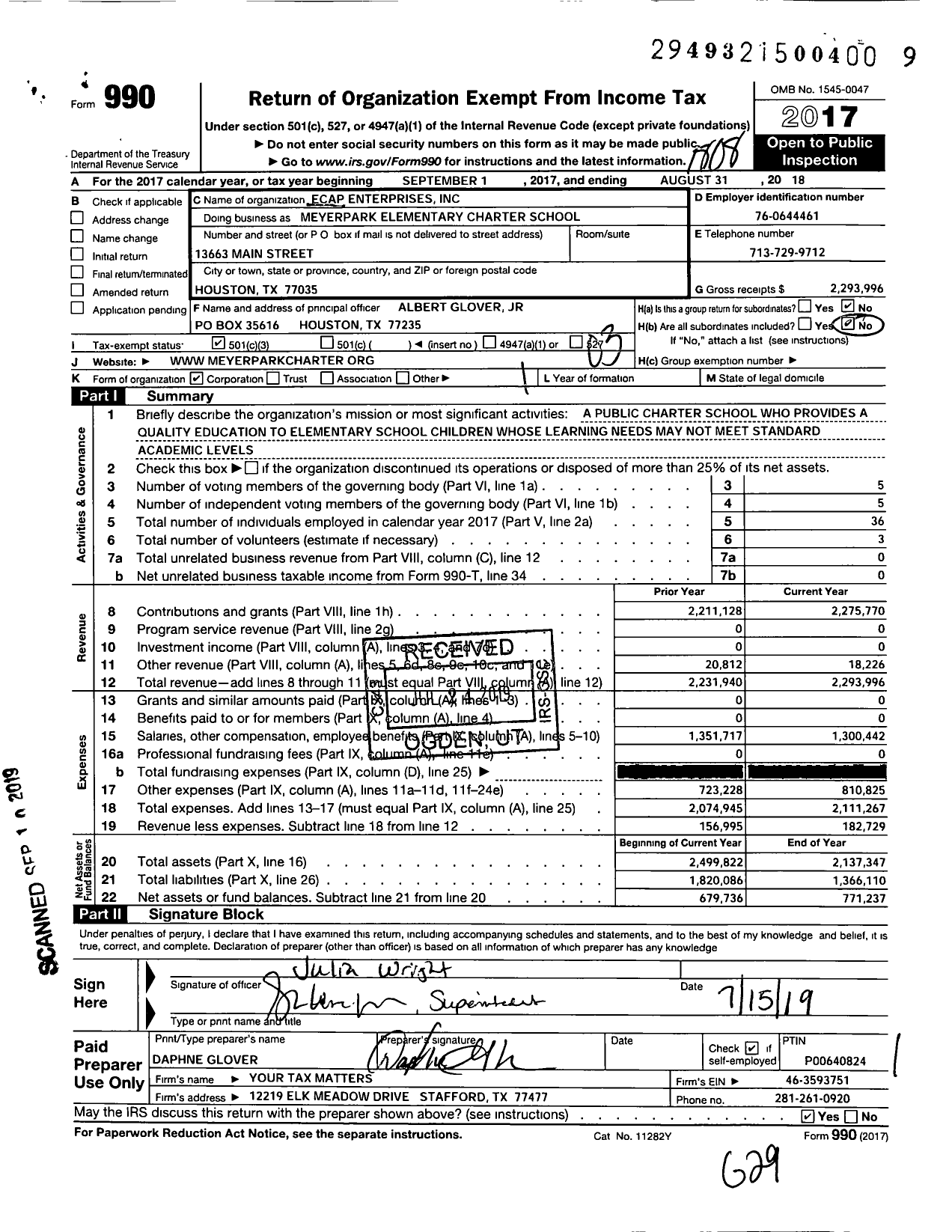Image of first page of 2017 Form 990 for MeyerPark Elementary Charter School