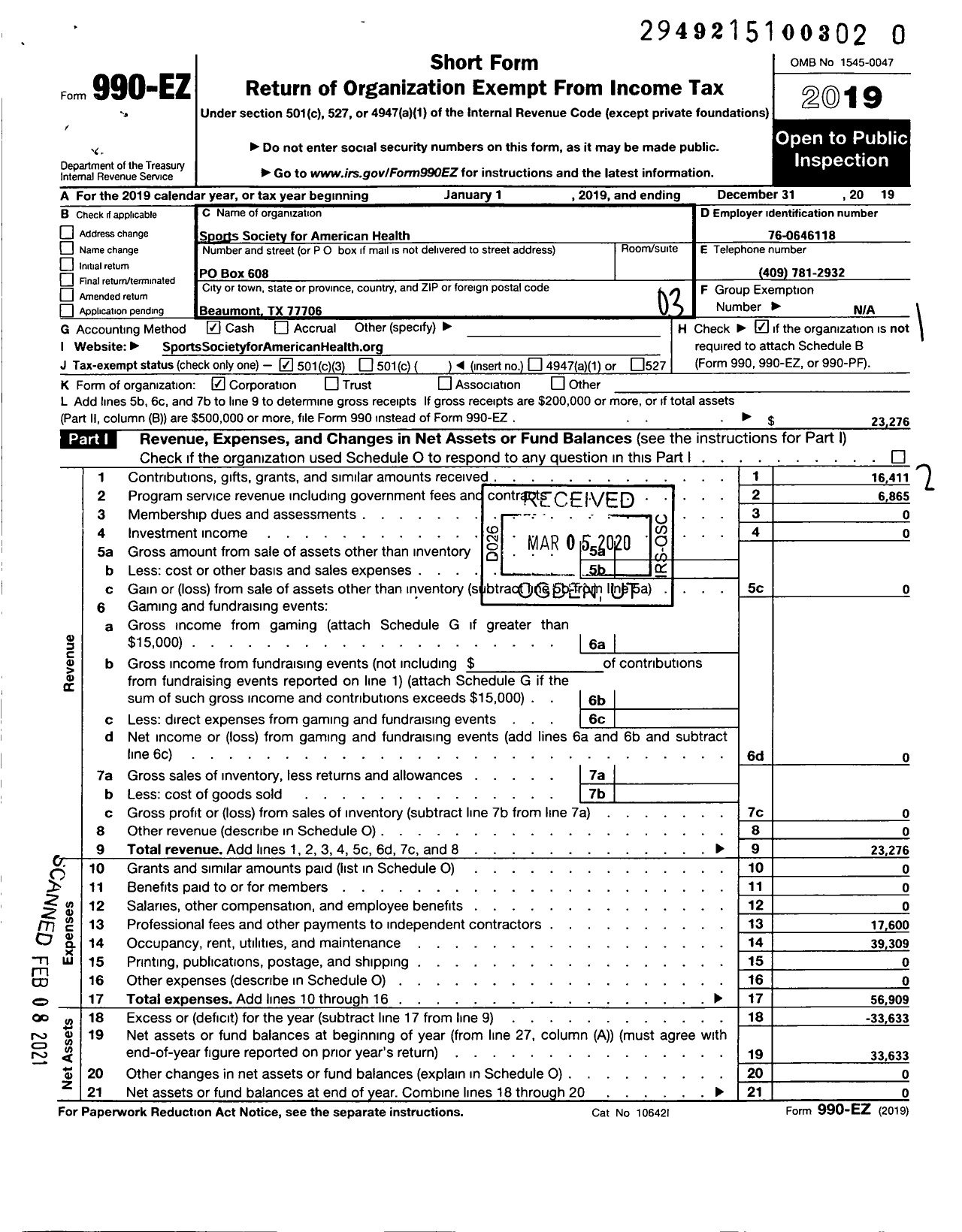 Image of first page of 2019 Form 990EZ for Sports Society for American Health