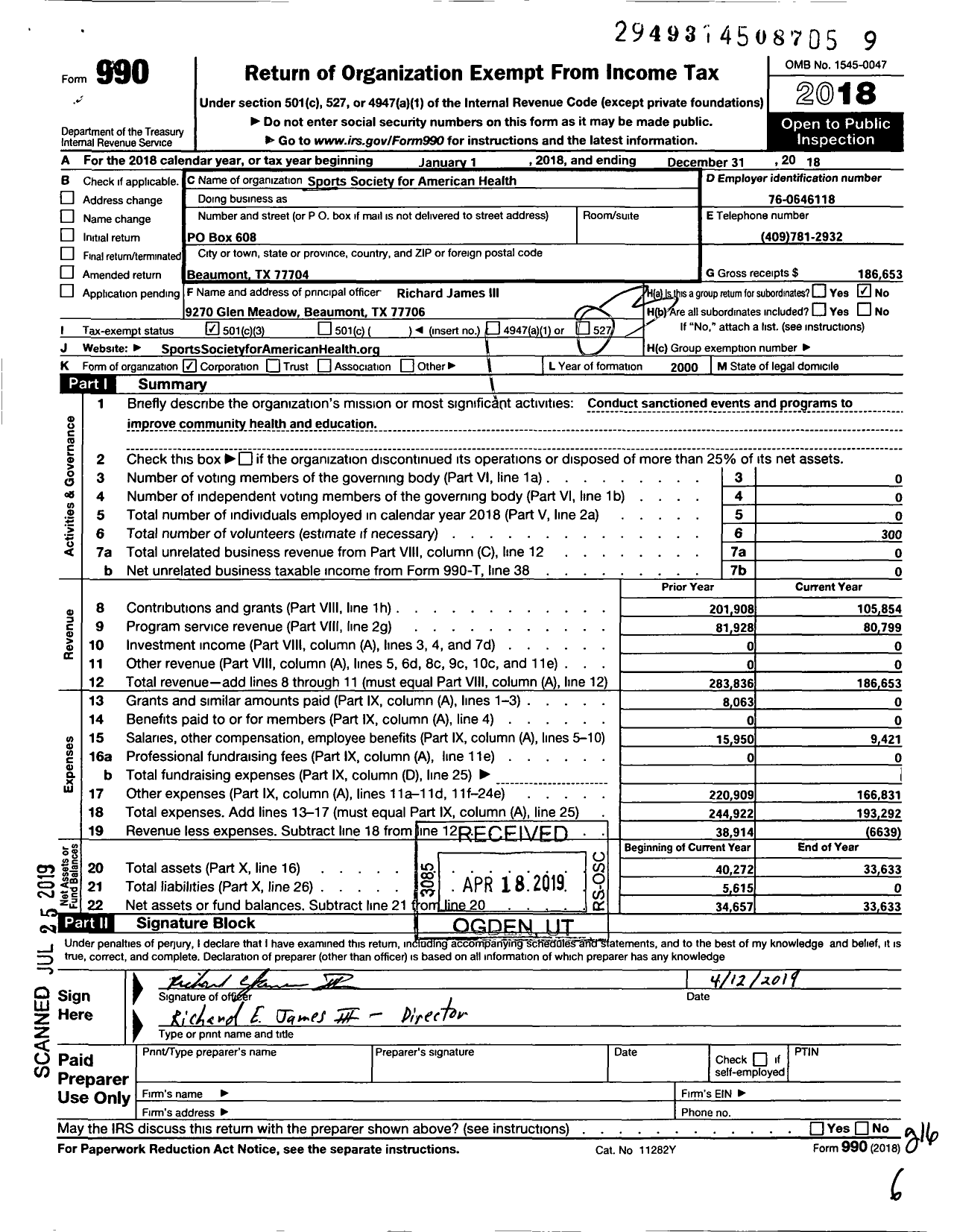 Image of first page of 2018 Form 990 for Sports Society for American Health