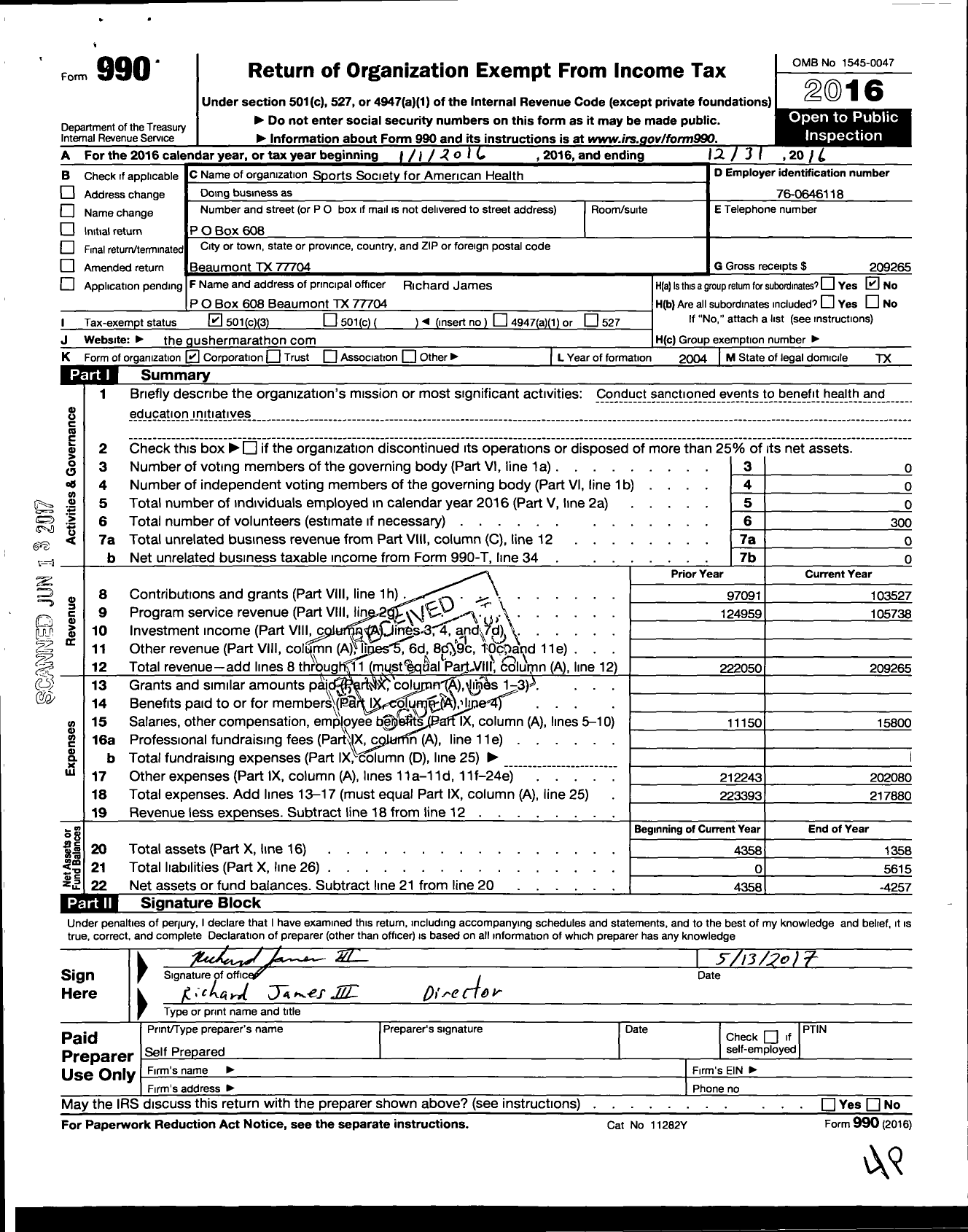 Image of first page of 2016 Form 990 for Sports Society for American Health