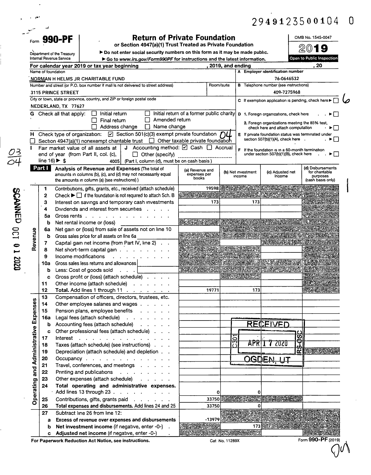 Image of first page of 2019 Form 990PR for Norman H Helms JR Charitable Fund