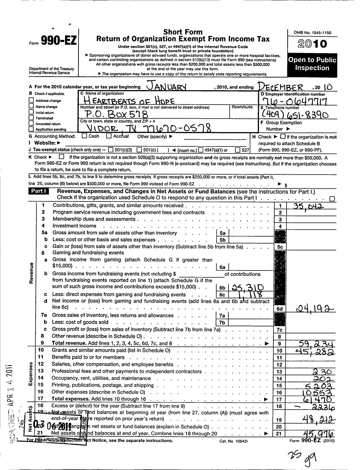 Image of first page of 2010 Form 990EO for Heartbeats of Hope