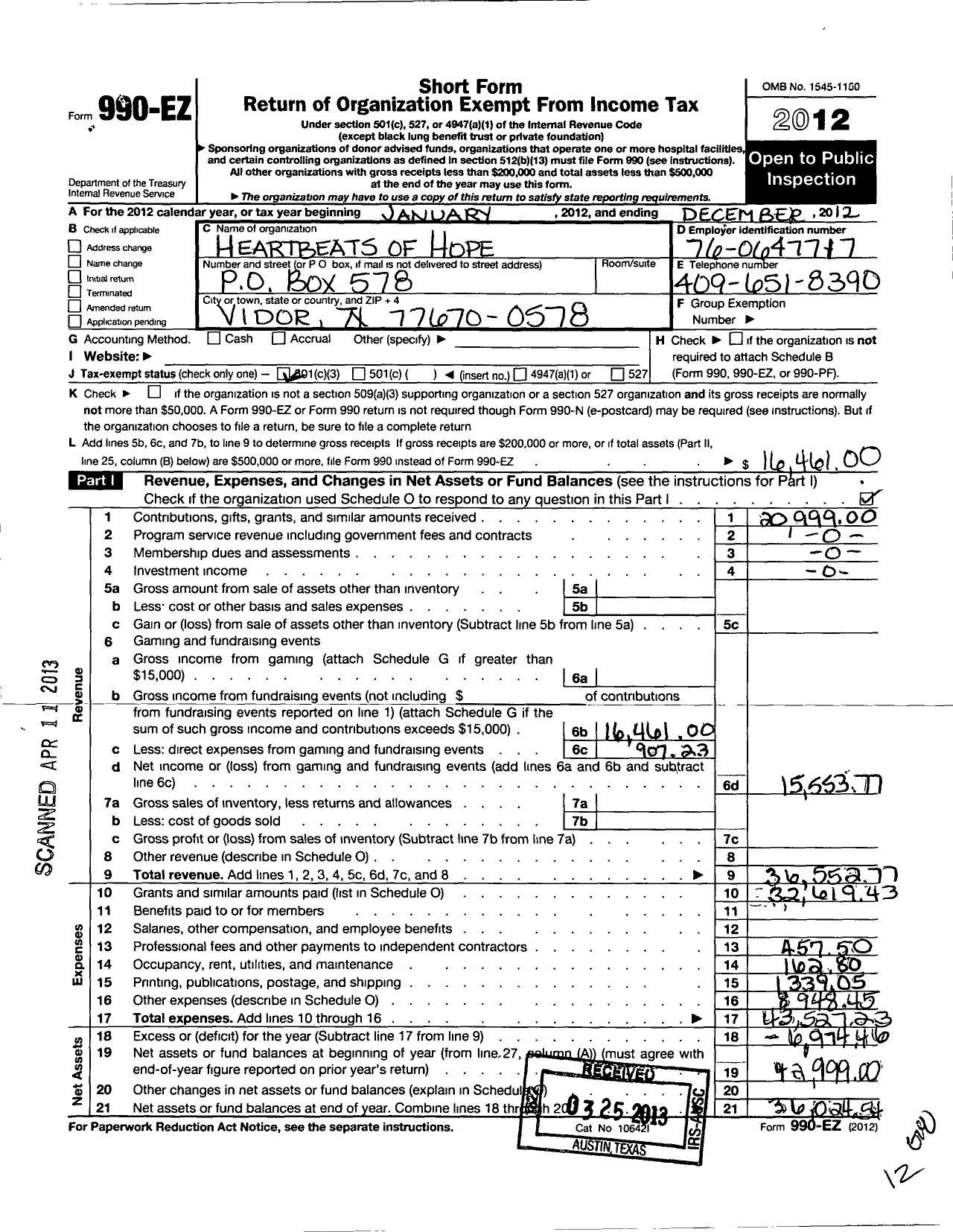 Image of first page of 2012 Form 990EZ for Heartbeats of Hope